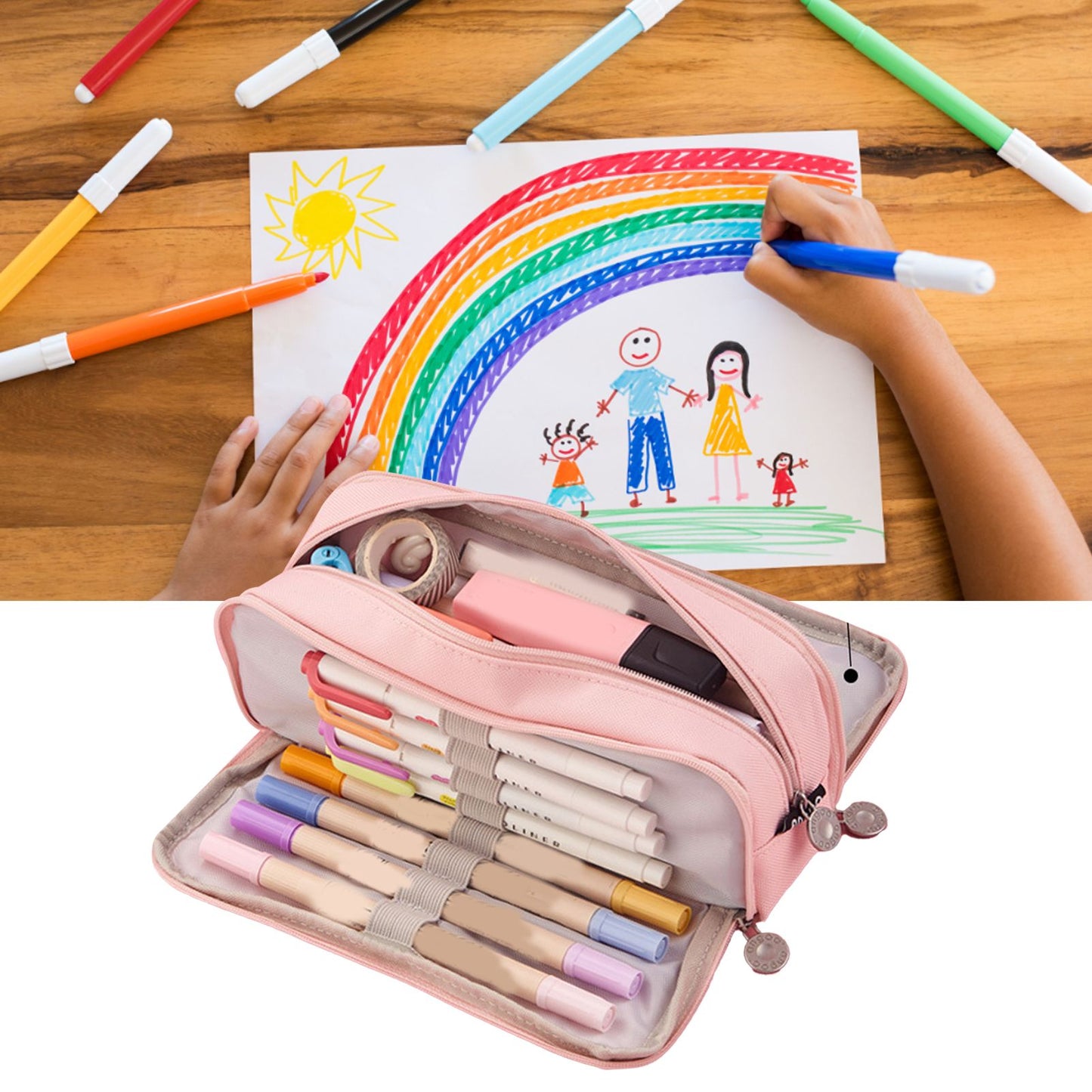 Pencil Pouch With 3 Compartments Large Capacity Double Opening Soft Canvas Dustproof Zipper Pencil Case for Students Pink