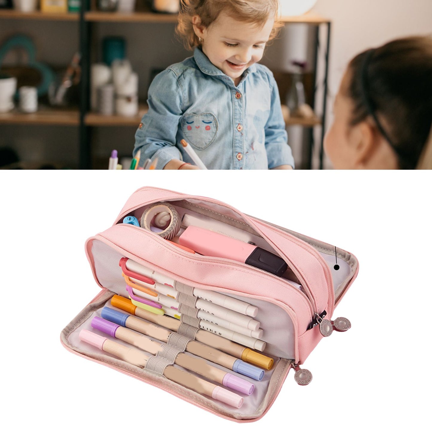 Pencil Pouch With 3 Compartments Large Capacity Double Opening Soft Canvas Dustproof Zipper Pencil Case for Students Pink
