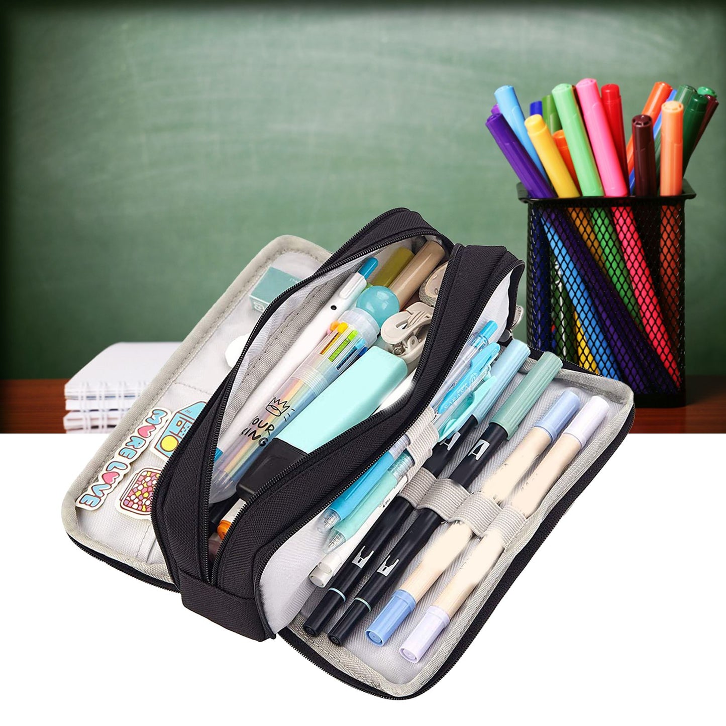 Pencil Pouch With 3 Compartments Large Capacity Double Opening Soft Canvas Dustproof Zipper Pencil Case for Students Black