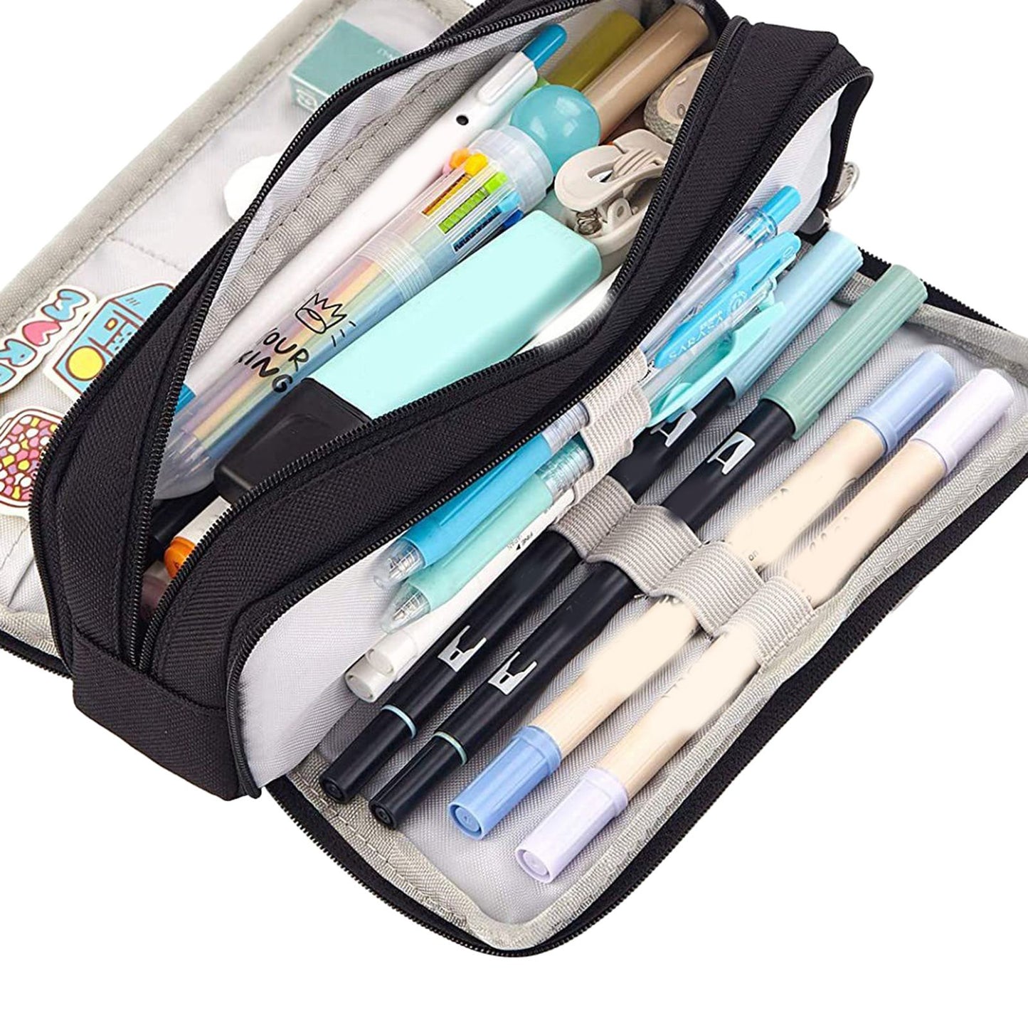 Pencil Pouch With 3 Compartments Large Capacity Double Opening Soft Canvas Dustproof Zipper Pencil Case for Students Black