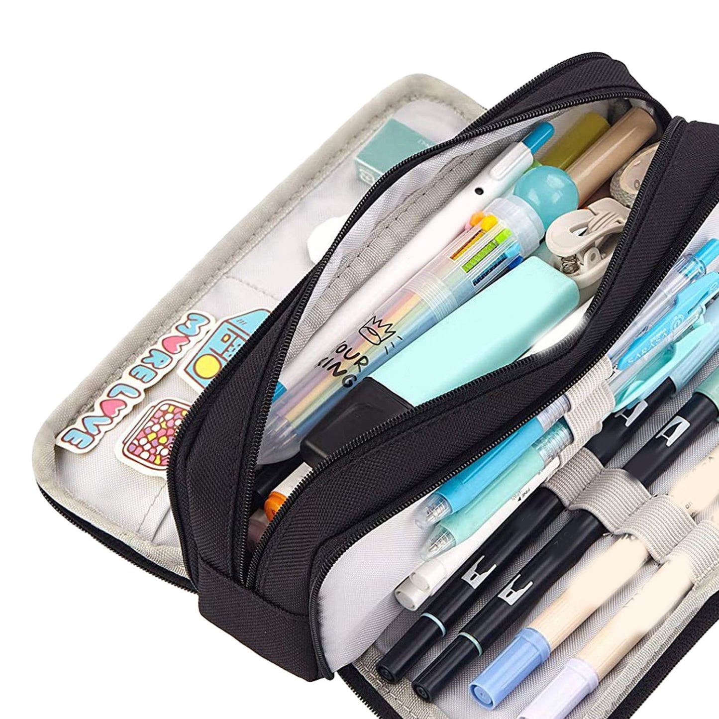 Pencil Pouch With 3 Compartments Large Capacity Double Opening Soft Canvas Dustproof Zipper Pencil Case for Students Black