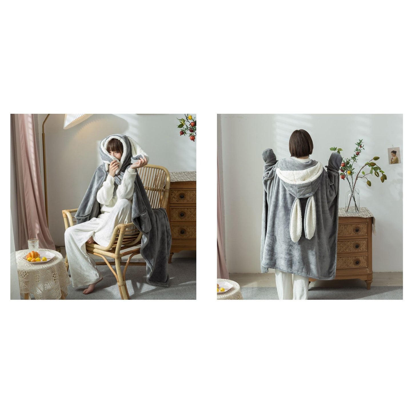 Hooded Blanket Wearable Polyester Plush Rabbit Ear Hooded Blanket Throw Soft Warm Blanket for Home Dark Gray Large