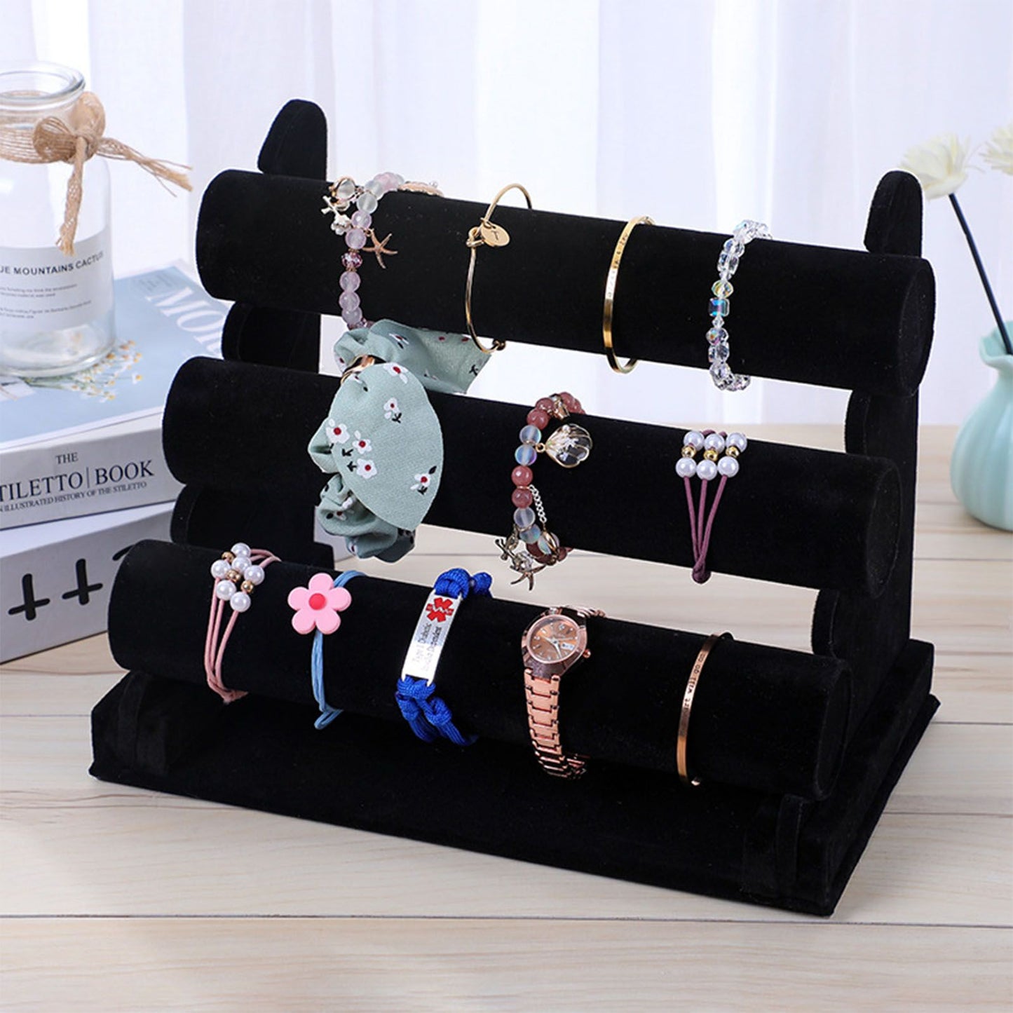 Velvet Jewelry Tower 3 Layers Watch Bracelet Holder Necklace Jewelry Display Stand Black Jewelry Stand