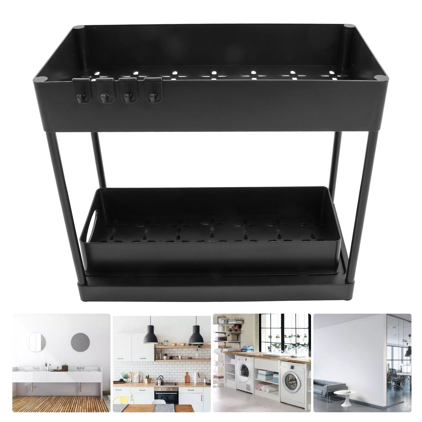 Slide Out Storage Basket Under Sink Organizer for Cabinet Sliding Drawers Countertop Pantry HIPS Black