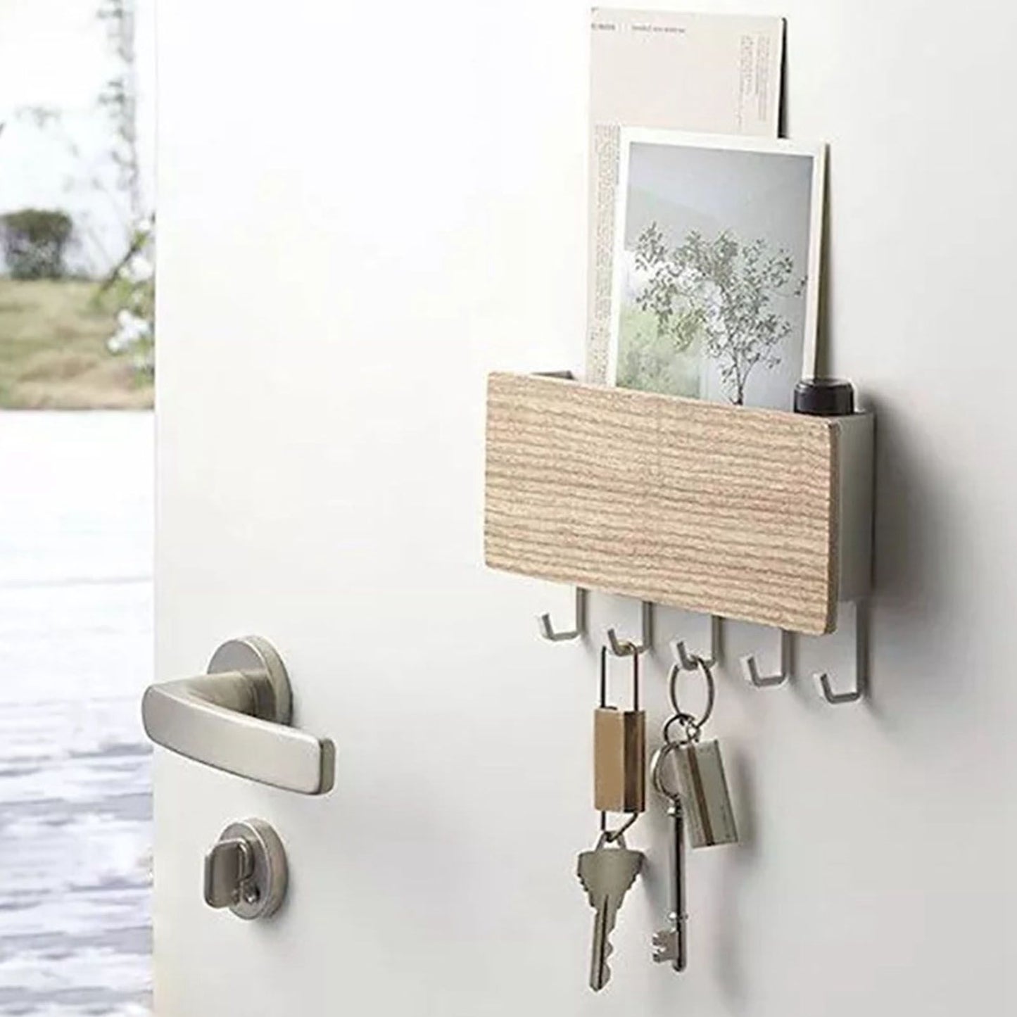 Japanese Wall Mounted Key Holder Wood with 5 Hooks Punch Free Multifunction Key Hanger for Home Natural Wood Color