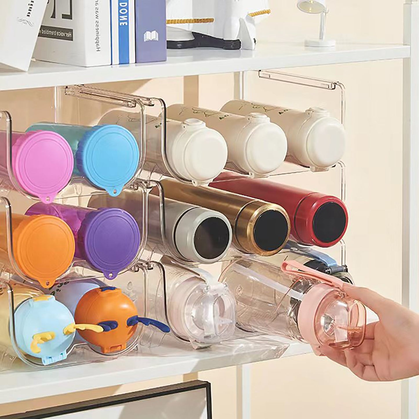 Water Bottle Organizer Transparent Stackable Space Saving Water Bottle Storage Holder Rack for Vacuum Cup 3 Grids