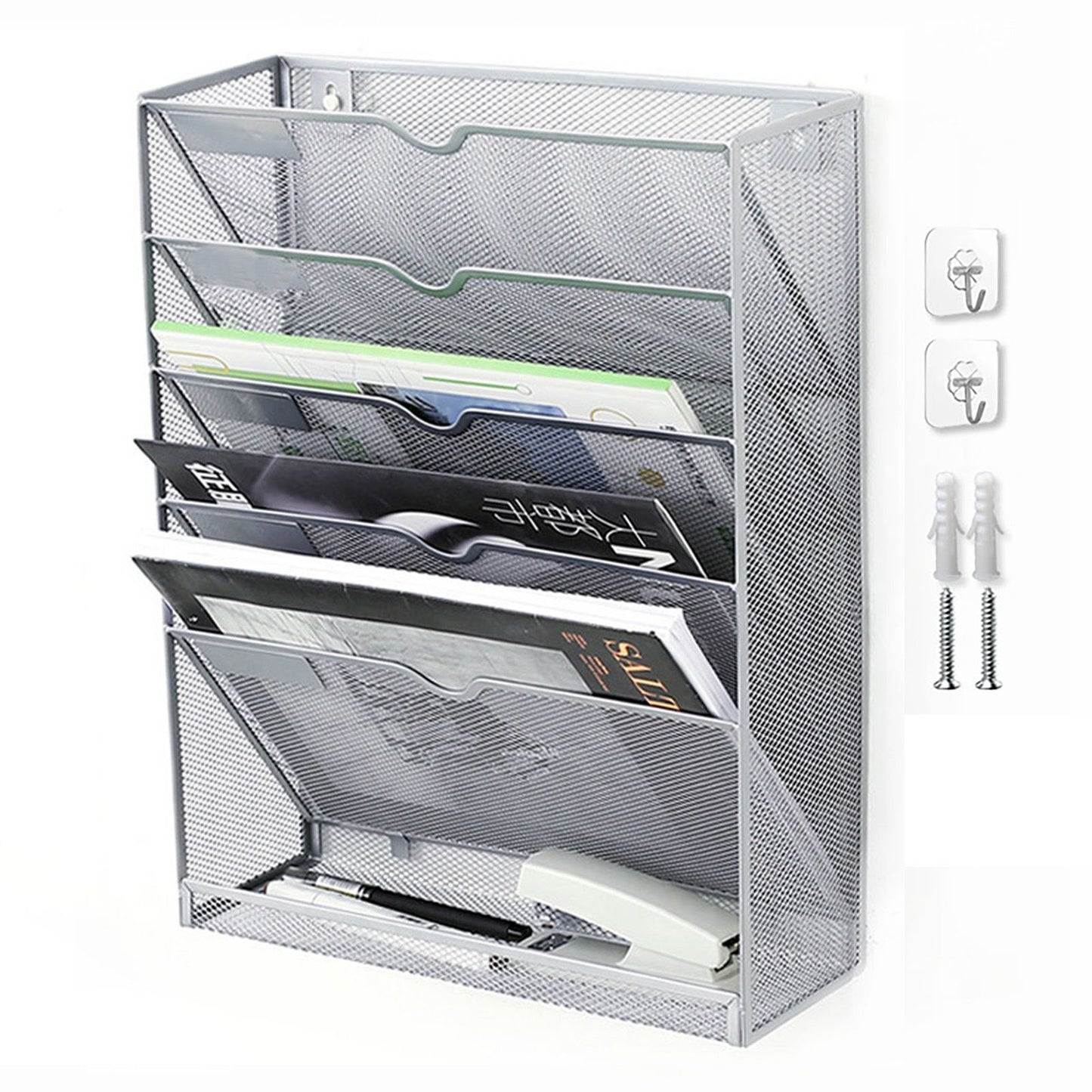 5 Tier Wall File Organizer Vertical Placement Glossy Edges Wall Mount File Holder with Hanging Hole for Office Silver
