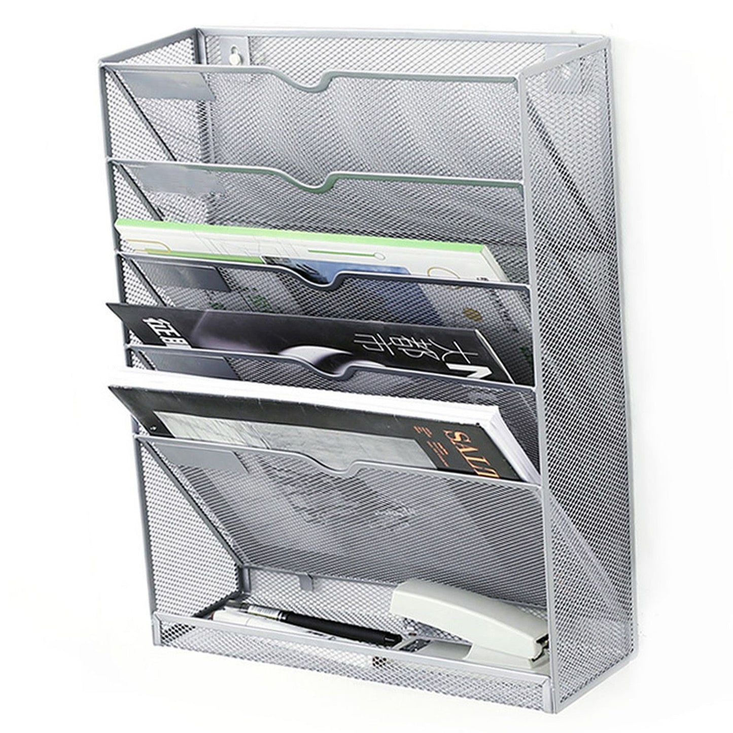 5 Tier Wall File Organizer Vertical Placement Glossy Edges Wall Mount File Holder with Hanging Hole for Office Silver