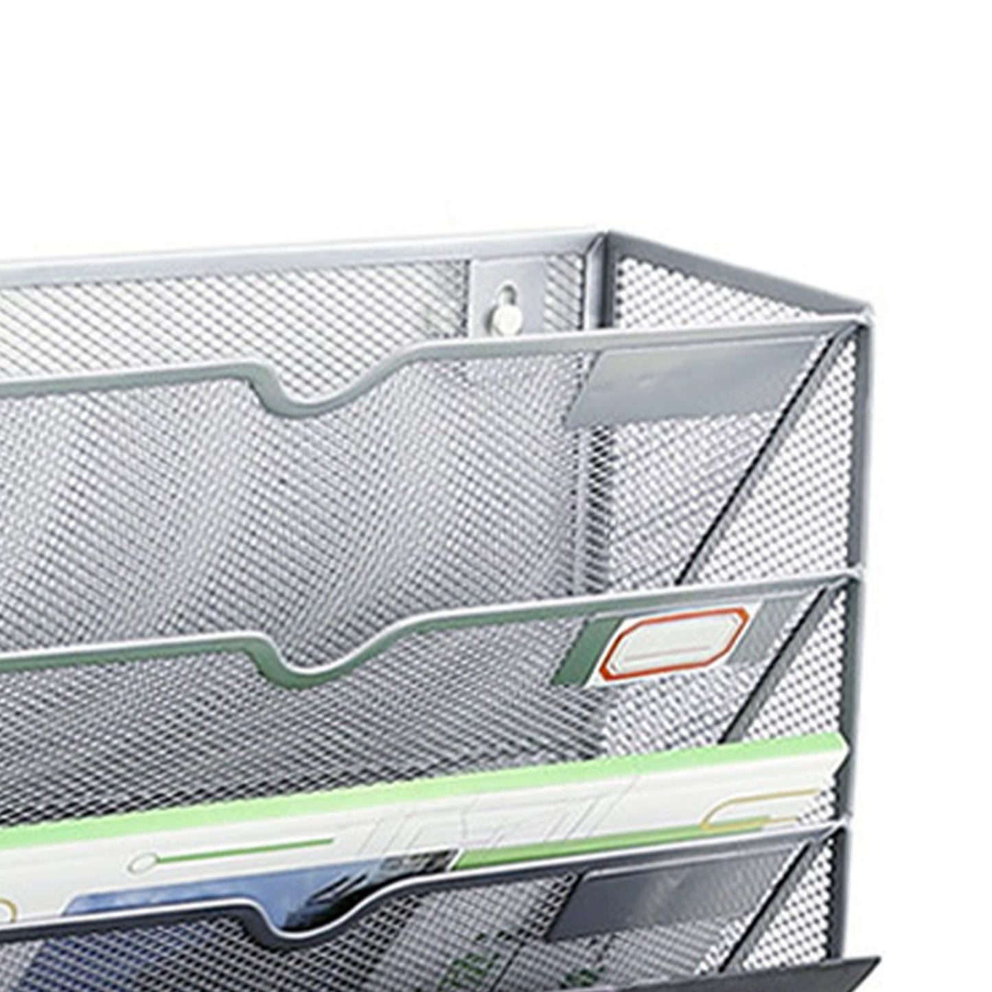 5 Tier Wall File Organizer Vertical Placement Glossy Edges Wall Mount File Holder with Hanging Hole for Office Silver