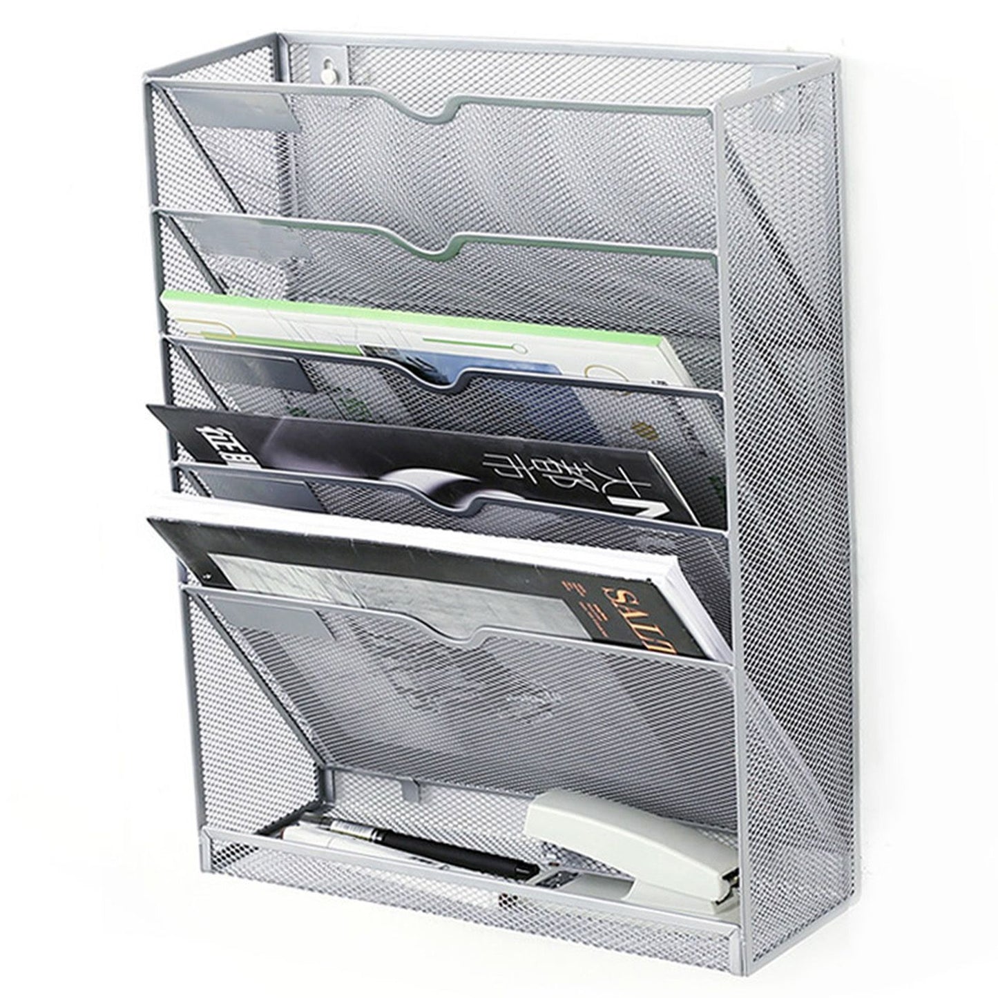 5 Tier Wall File Organizer Vertical Placement Glossy Edges Wall Mount File Holder with Hanging Hole for Office Silver