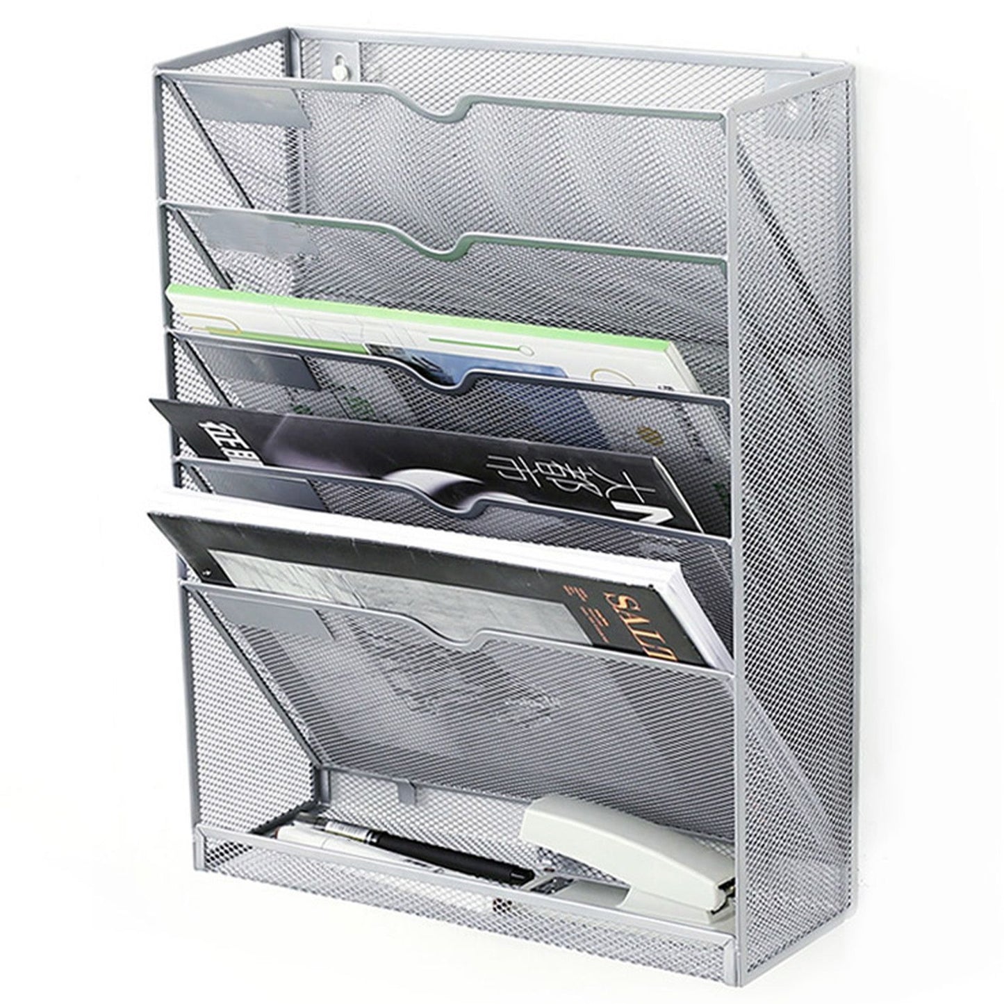 5 Tier Wall File Organizer Vertical Placement Glossy Edges Wall Mount File Holder with Hanging Hole for Office Silver