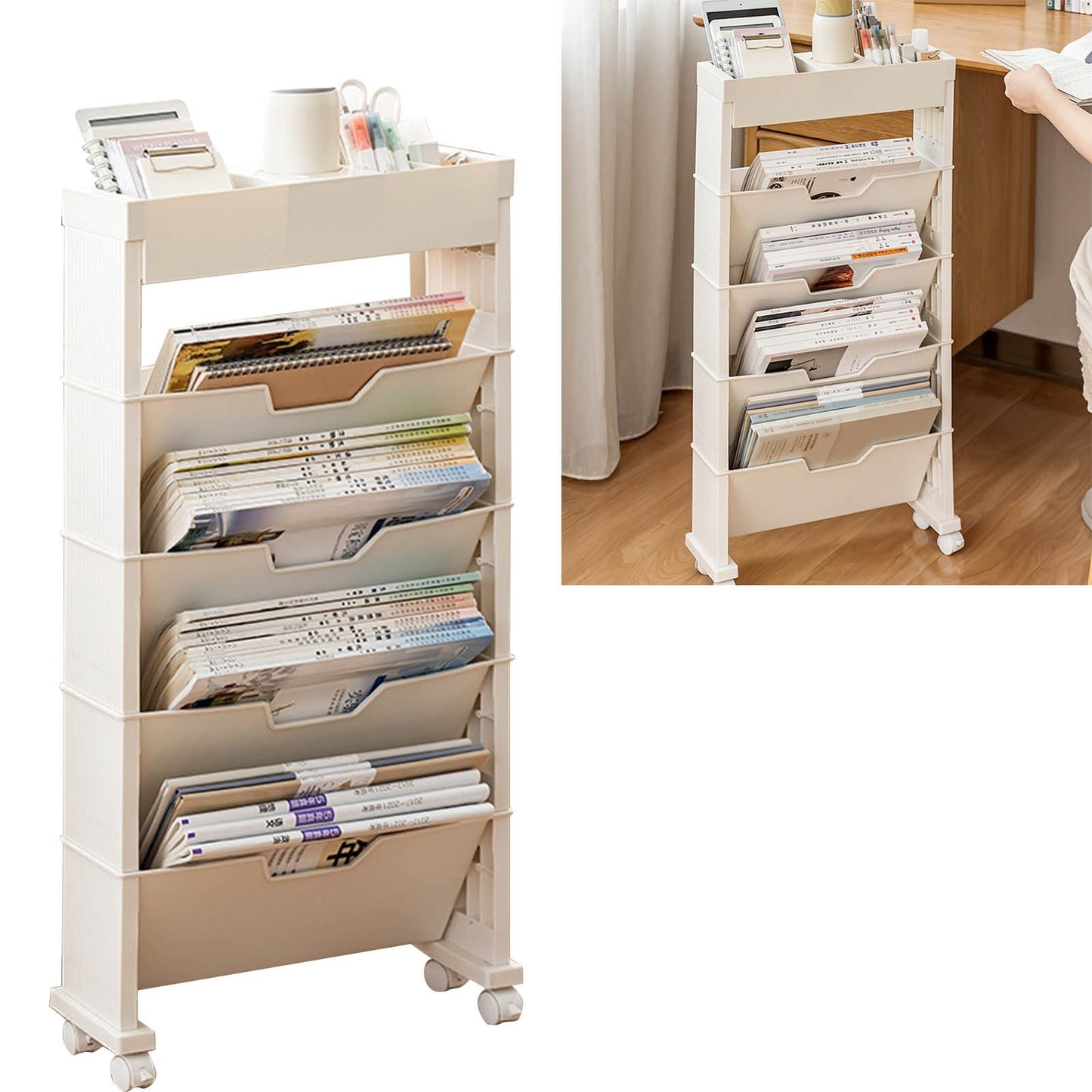Classroom Bookshelf Multilayer with Universal Wheel Book Storage Shelving for Living Room
