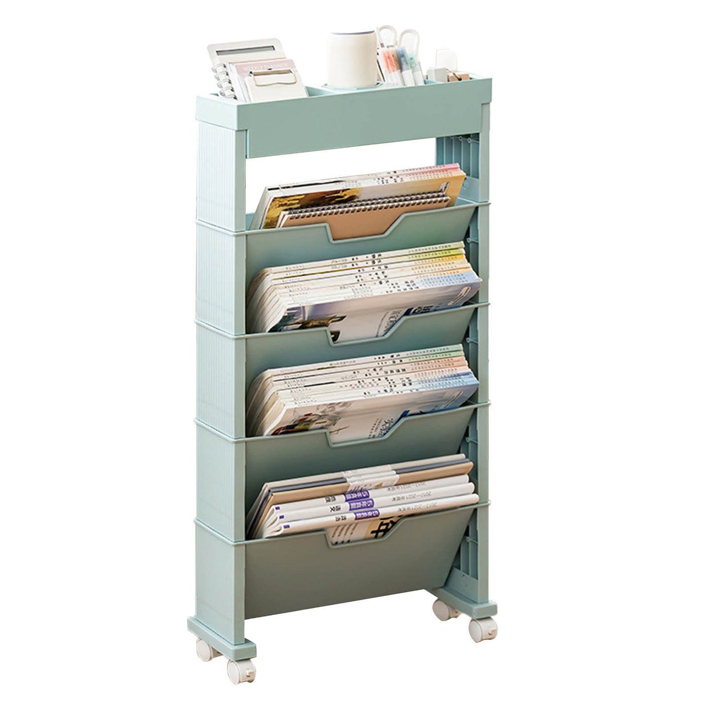 Classroom Bookshelf Multilayer with Universal Wheel Book Storage Shelving for Living Room