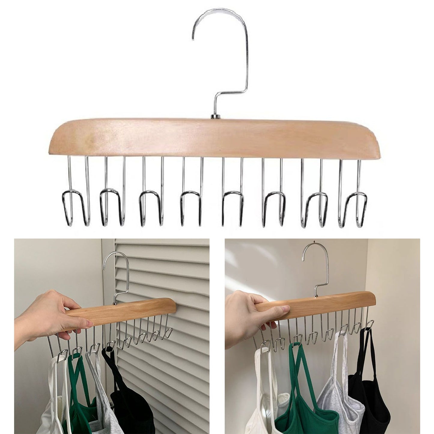 Multifunctional Hanger Punch Free with 8 Hooks Wood and Stainless Steel Cap Holder for Student Dormitory Khaki