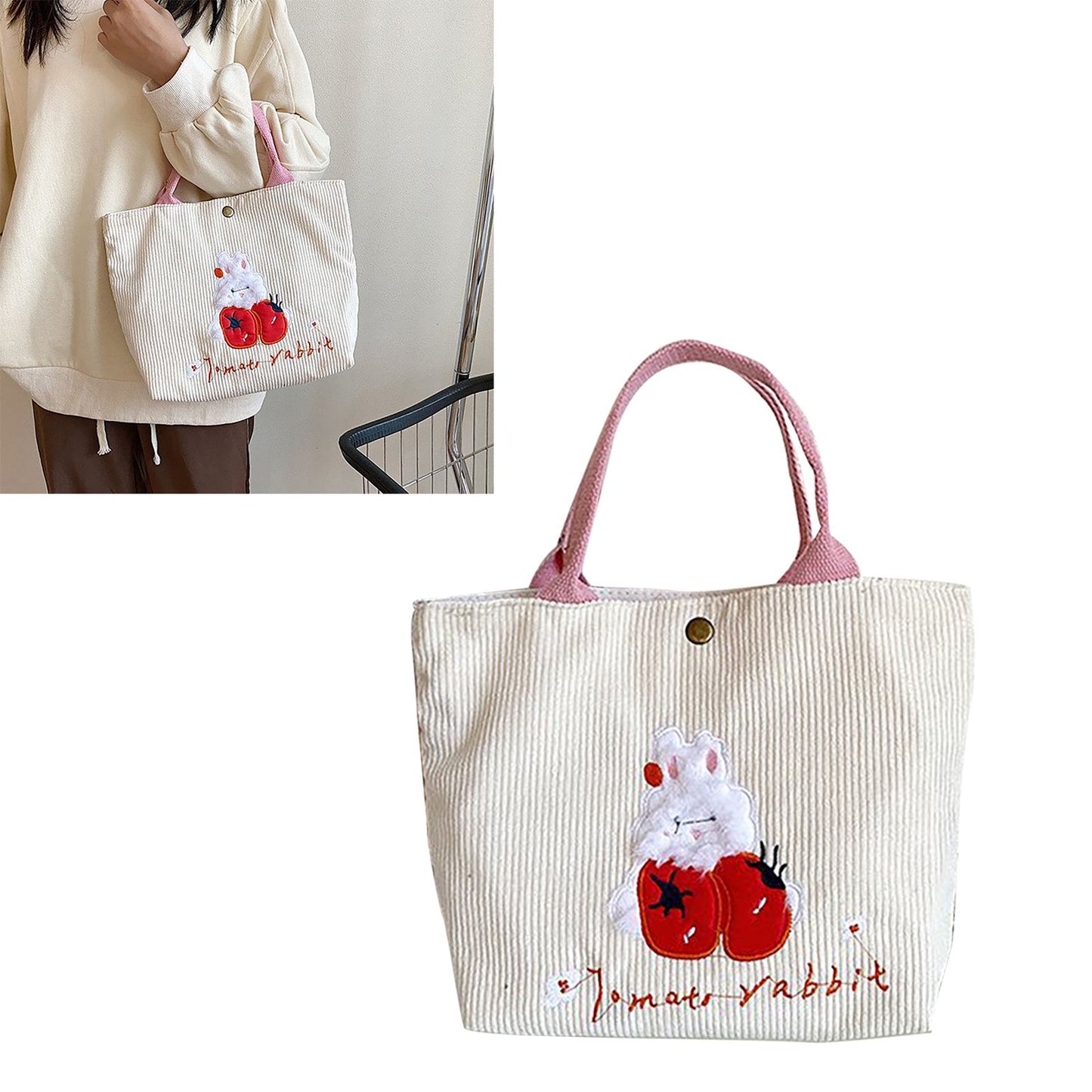 Cute Handbag Snap Button Closure Thickened Cute Pattern Fashionable Small Tote Bag for Shopping Commuting Strawberry