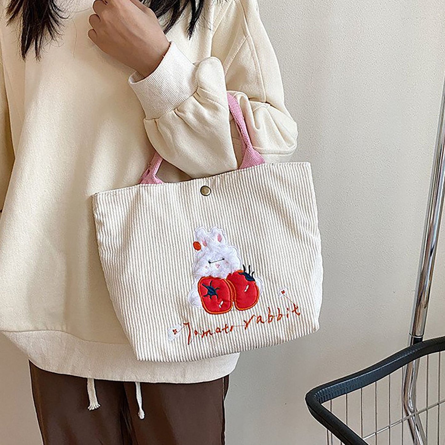 Cute Handbag Snap Button Closure Thickened Cute Pattern Fashionable Small Tote Bag for Shopping Commuting Strawberry