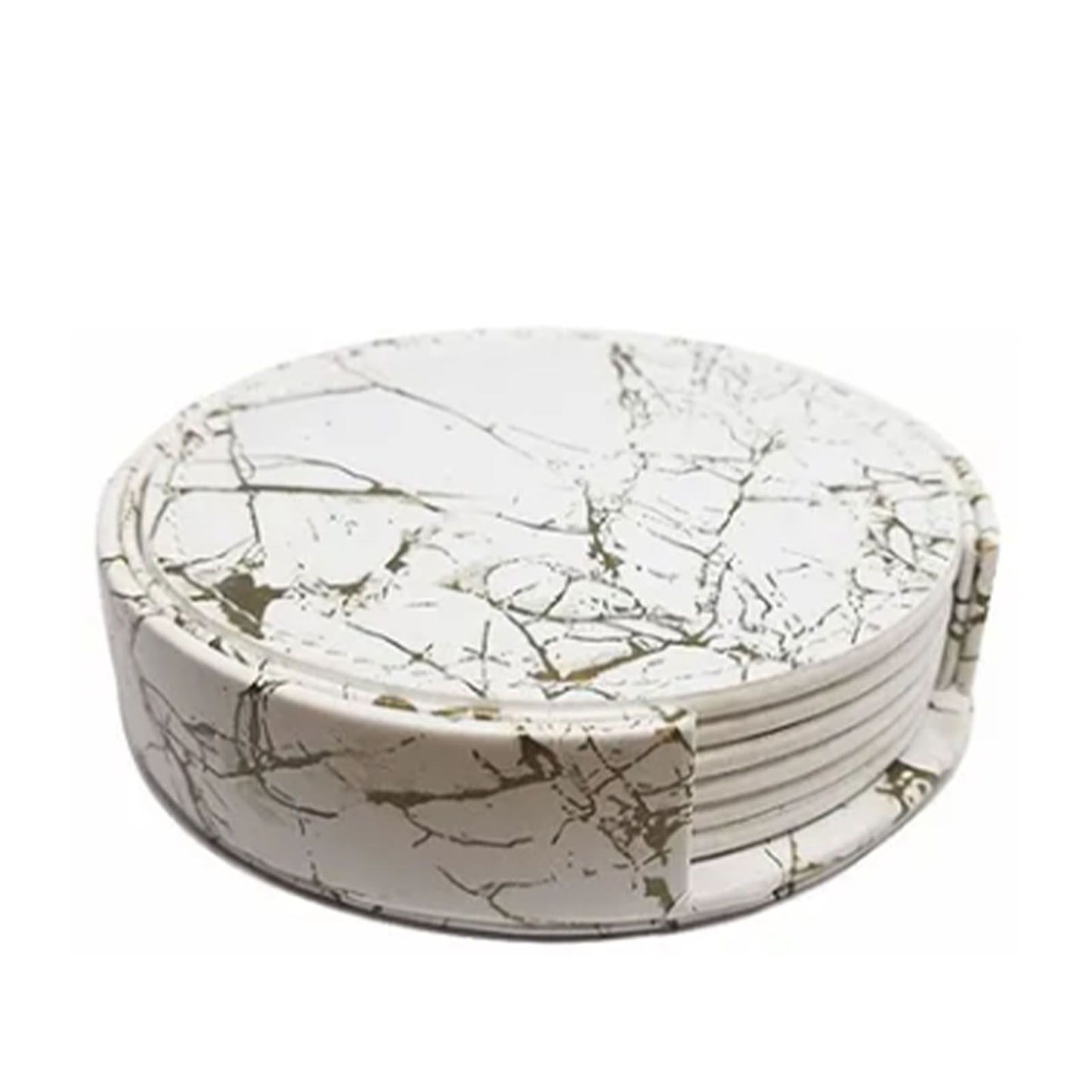 7PCS Drink Coaster Reversible Leather Round Platinum Marble Appearance 10cm Cup Mat for Home