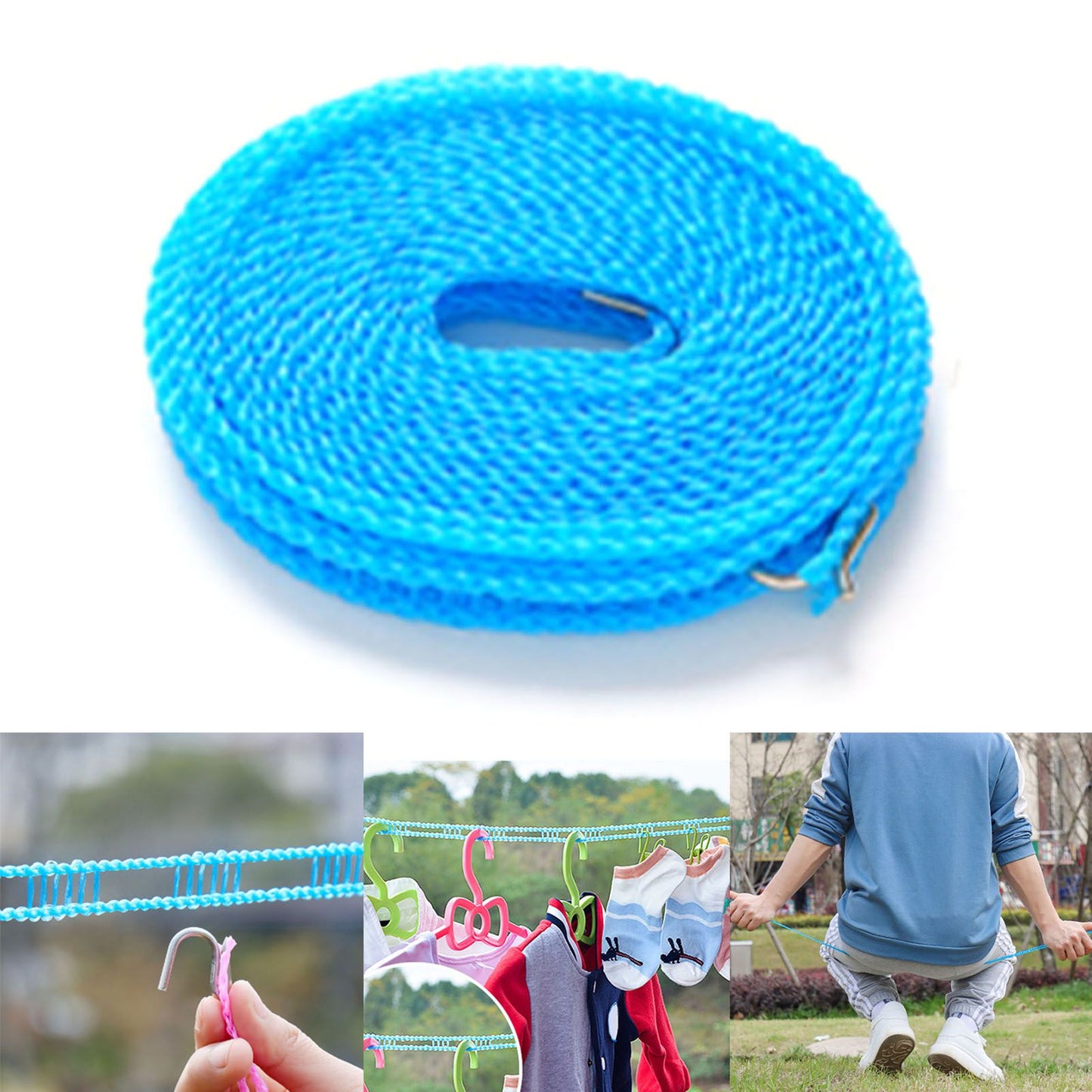 Clothesline 8 Meters Windproof Stable Load Bearing Nylon Material Punch Free Installation Laundry Rope for Indoor Outdoor Blue