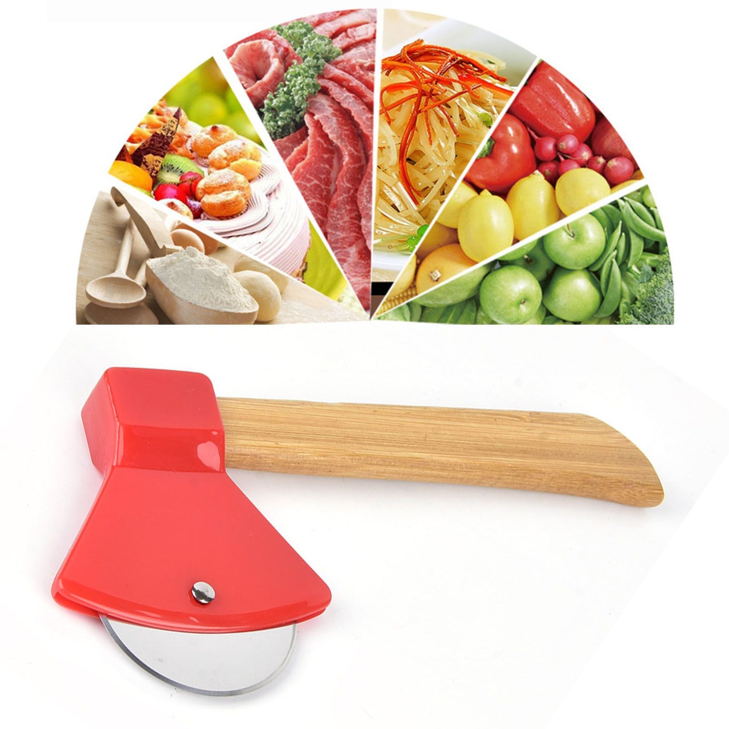 Pizza Knife 430 Steel PP Bamboo Handle Ergonomically Round Axe Pizza Cutter for Home Restaurants Red