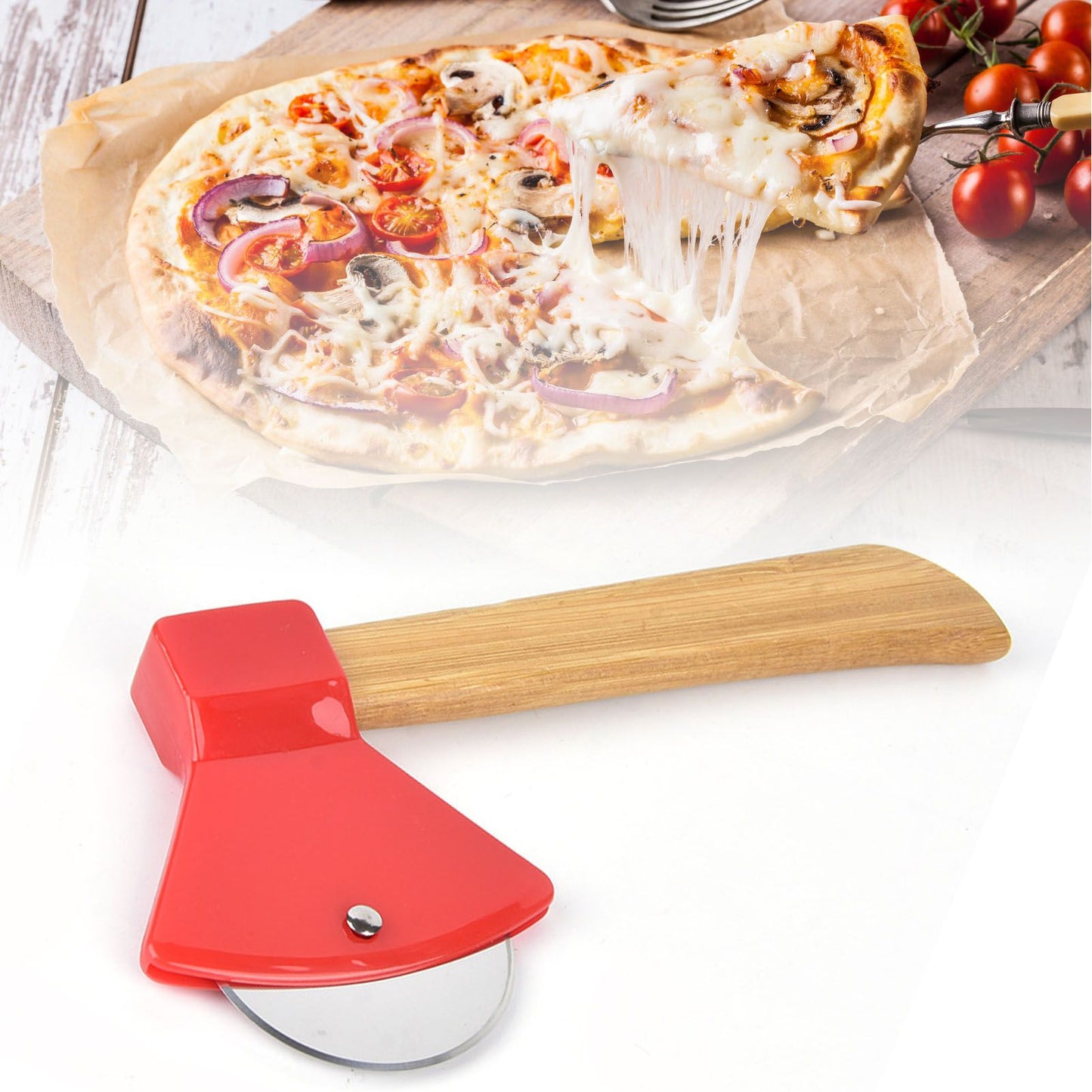 Pizza Knife 430 Steel PP Bamboo Handle Ergonomically Round Axe Pizza Cutter for Home Restaurants Red