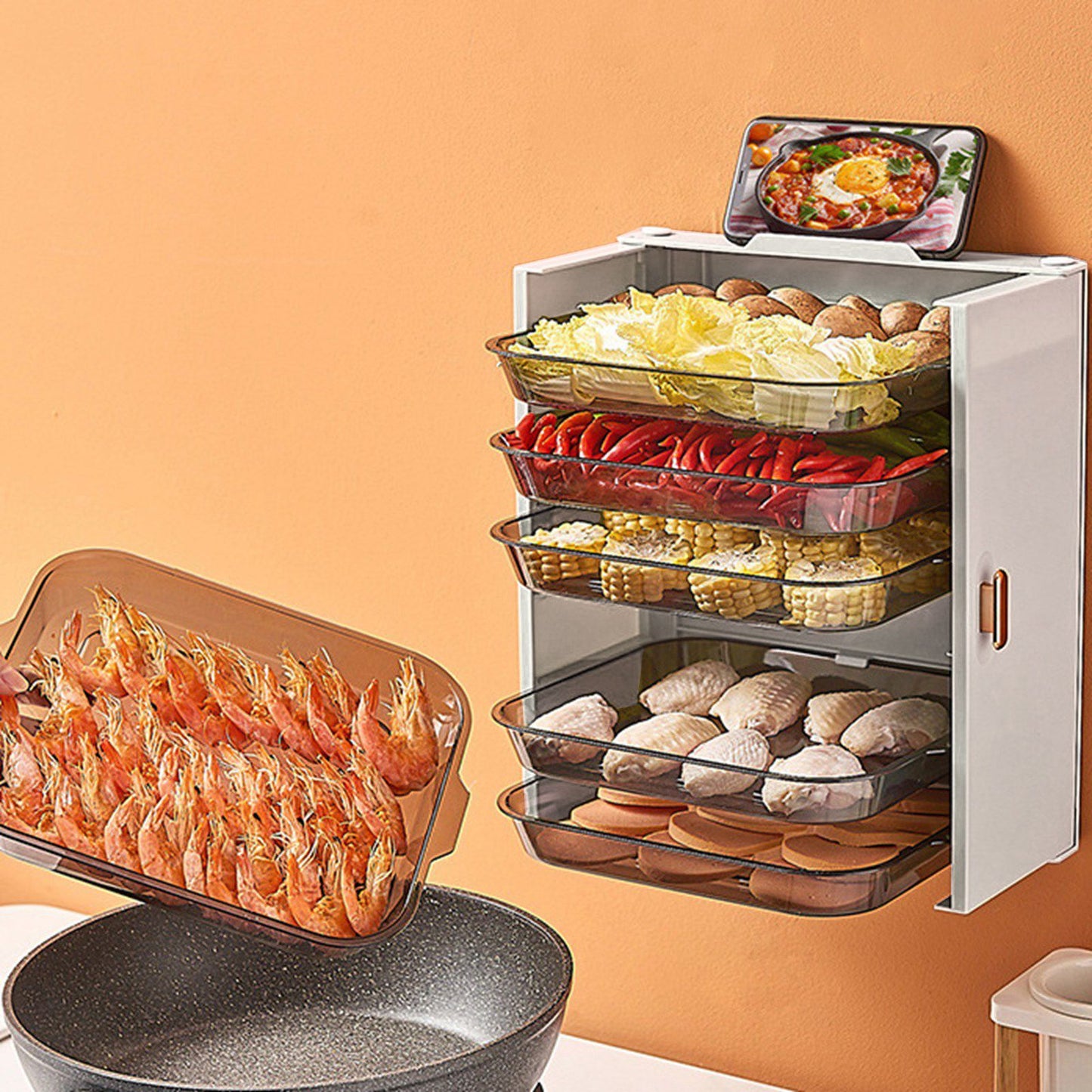 Kitchen Side Dishes Punch Free Foldable PET 6 Layers Wall Mounted Organization Rack Cooking Plates Storage Shelf Pearl White