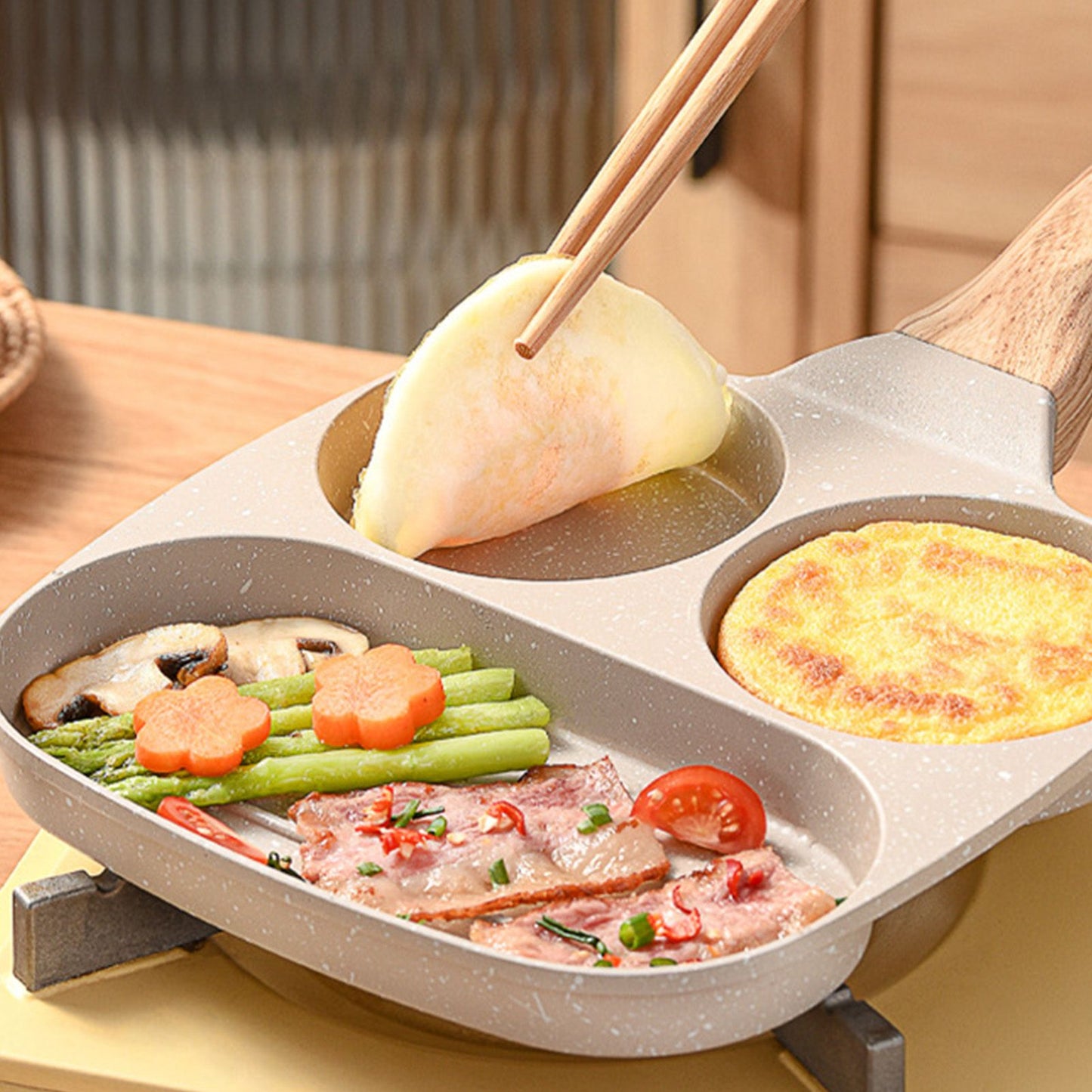 3 in 1 Breakfast Pan Nonstick Aluminum Alloy Labor Saving Pancake Frying Pan for Egg Bacon Universal Type