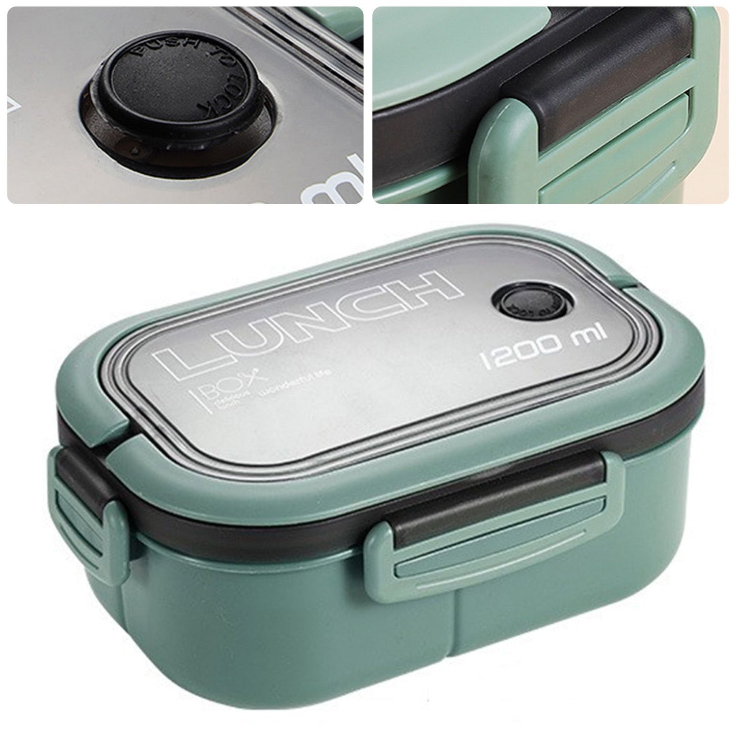 1200ml Bento Lunch Box Double Layer Insulation Lunch Box Container with Fork Spoon for Students Office Workers Green