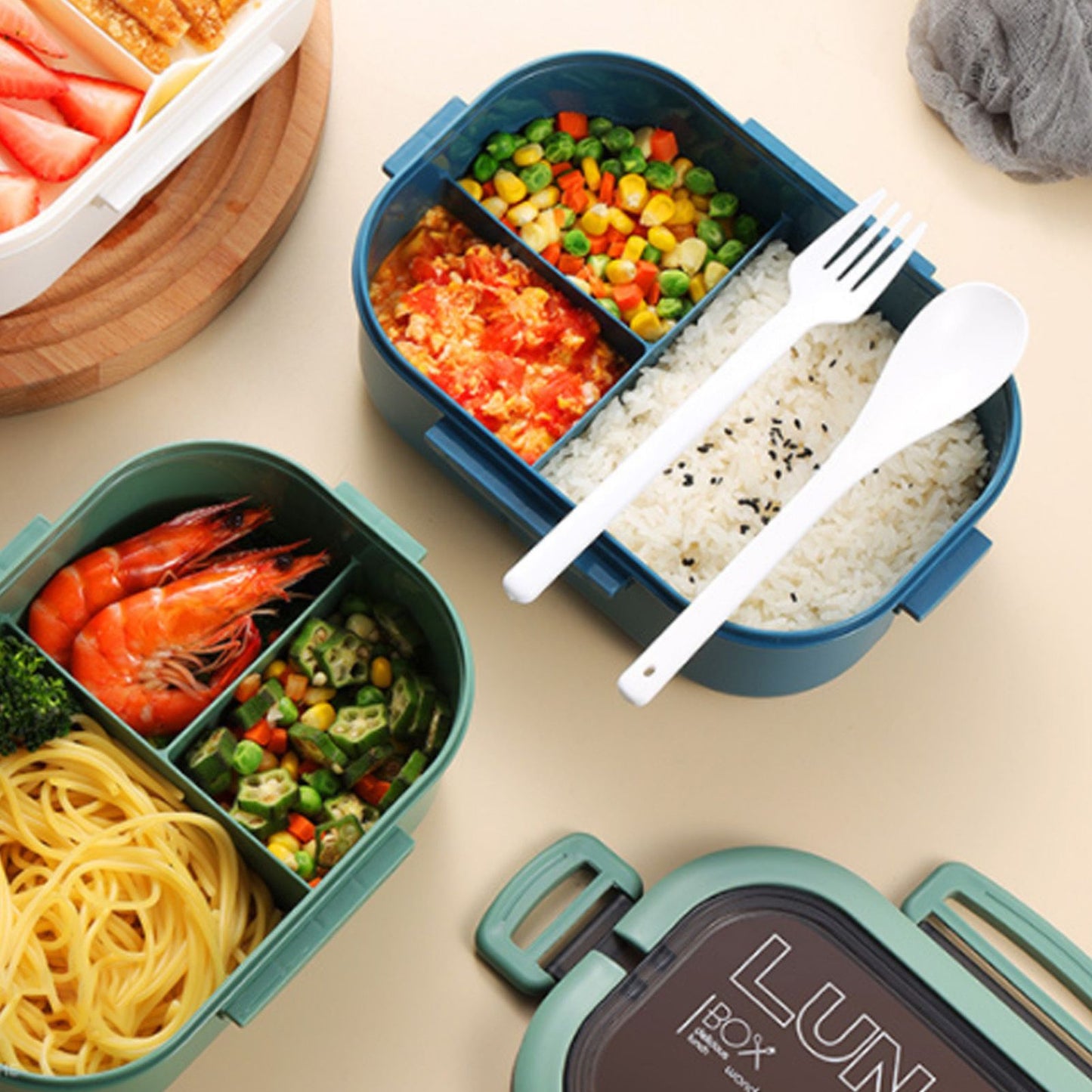 1200ml Bento Lunch Box Double Layer Insulation Lunch Box Container with Fork Spoon for Students Office Workers Green