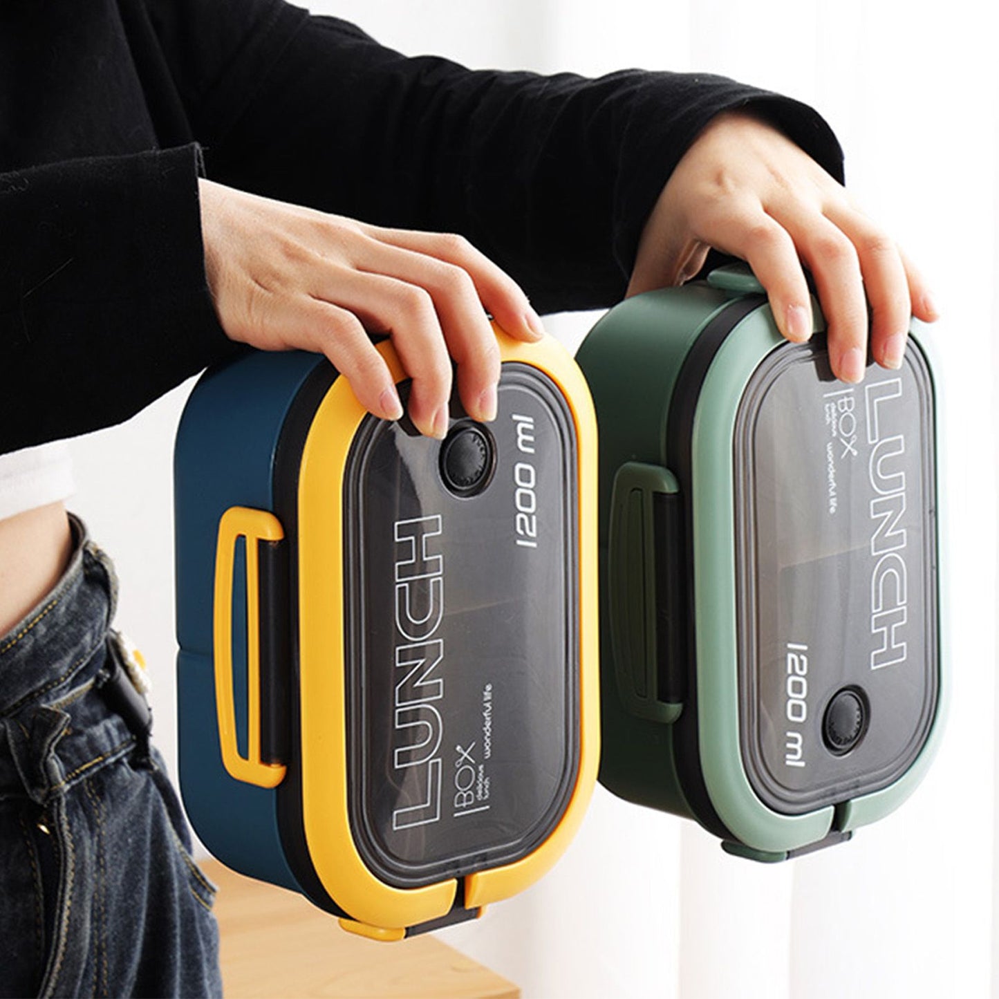 1200ml Bento Lunch Box Double Layer Insulation Lunch Box Container with Fork Spoon for Students Office Workers Blue