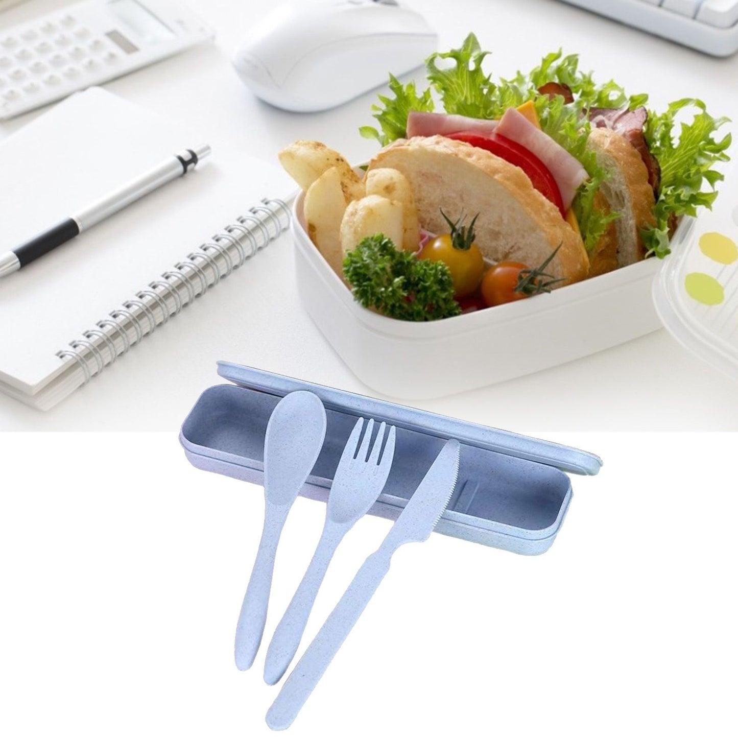 Wheat Straw Cutlery Set Modern Portable Fork Spoon Knife Tableware with Box for Office School Picnic Blue