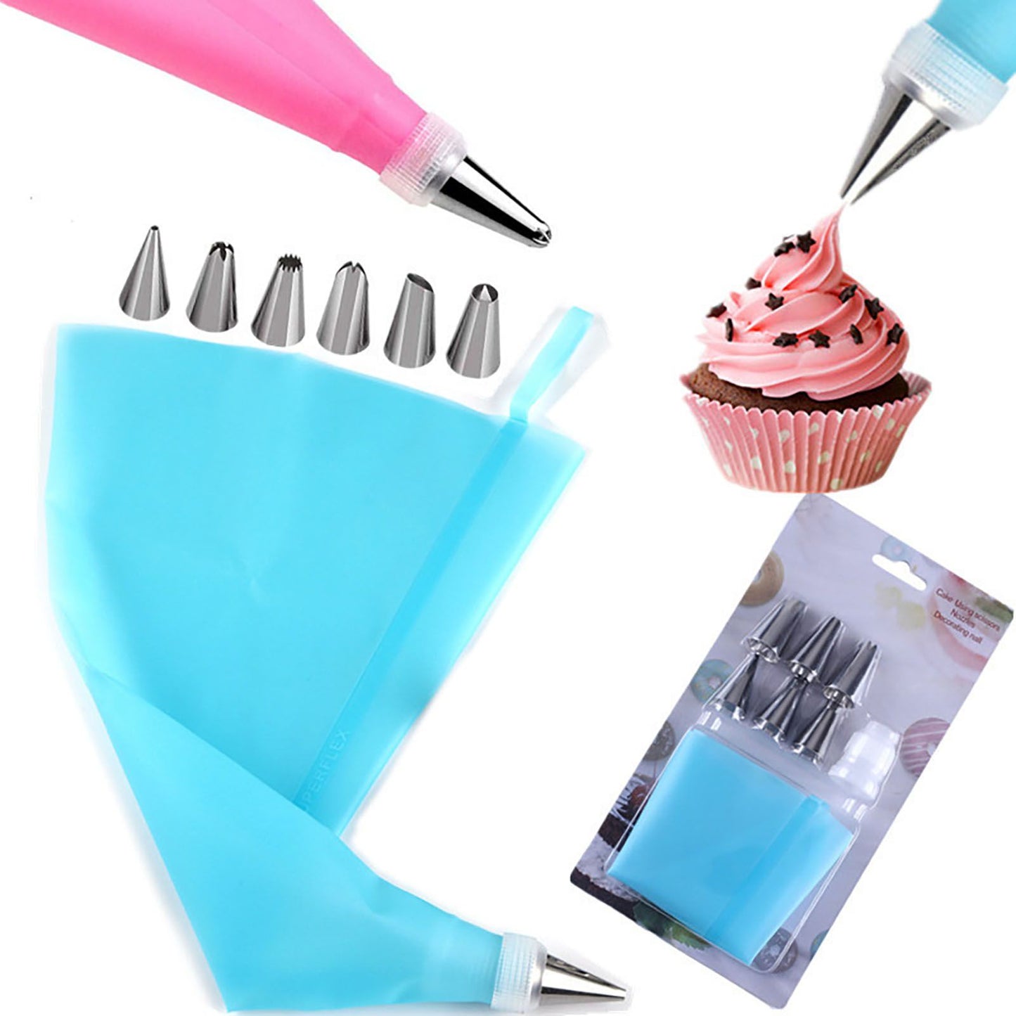 Piping Bags and Tips Set Cake Decorating Supplies for Baking TPU Pastry Bags Stainless Steel Tips Blue