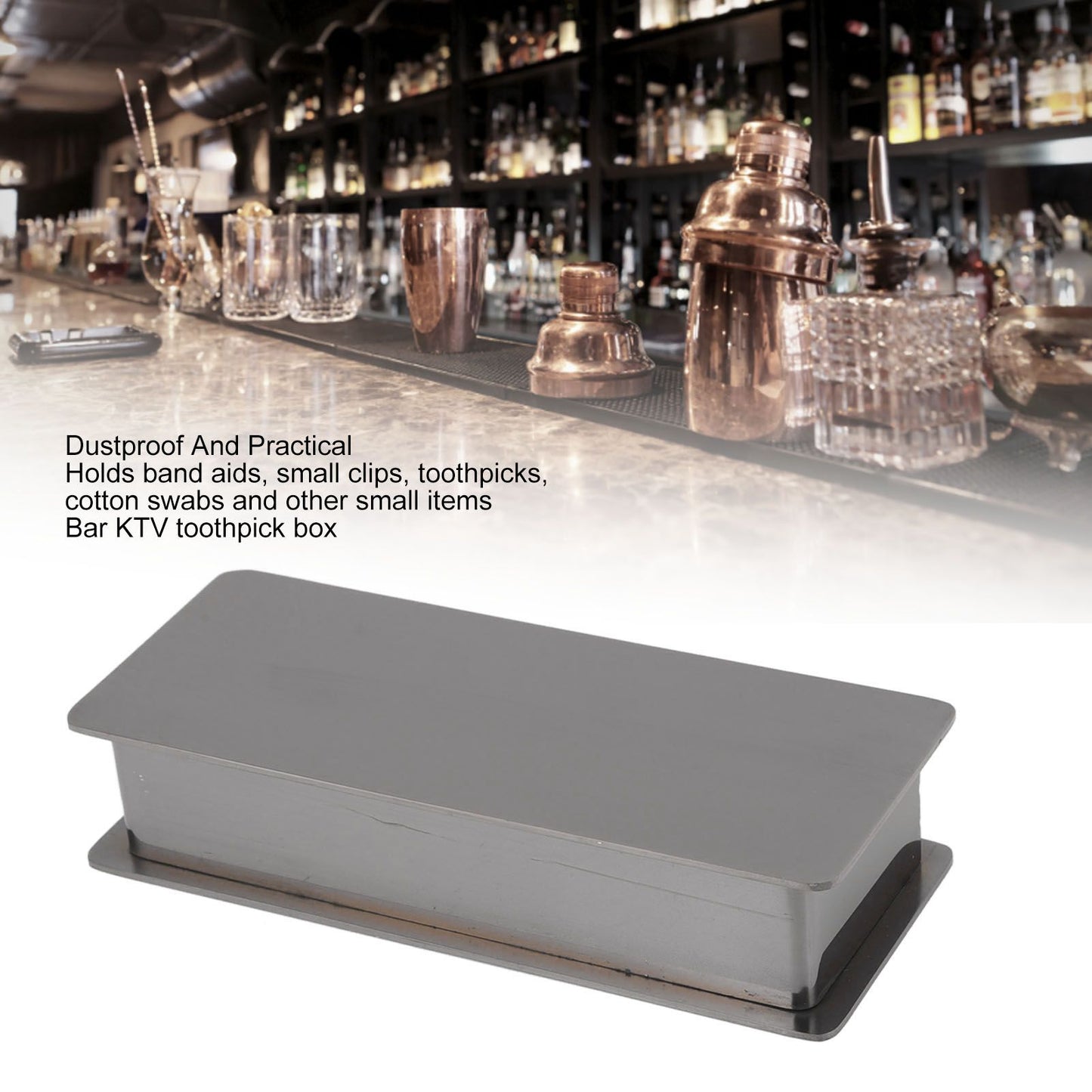 Toothpick Holder Stainless Steel Rectangular Toothpick Holder with Lid for Home Bar Hotel Restaurant Silvery Black