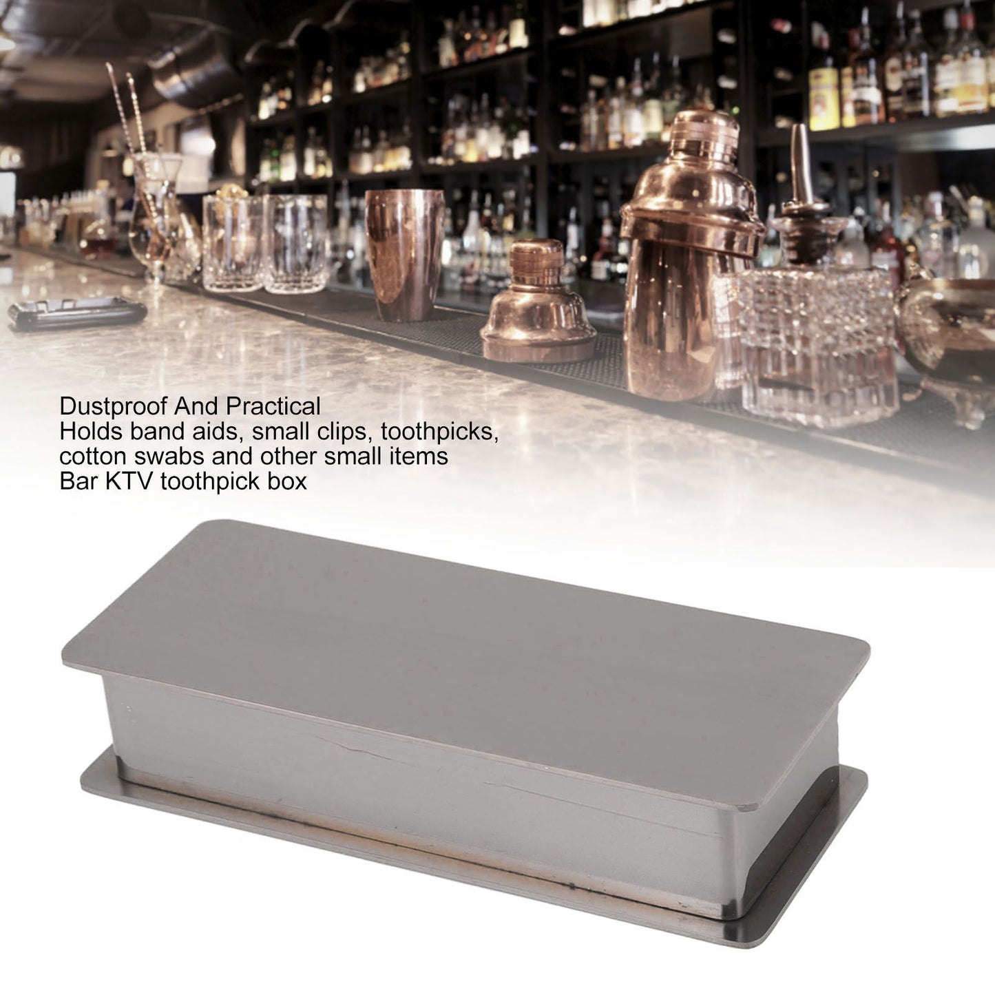 Toothpick Holder Stainless Steel Rectangular Toothpick Holder with Lid for Home Bar Hotel Restaurant Silver