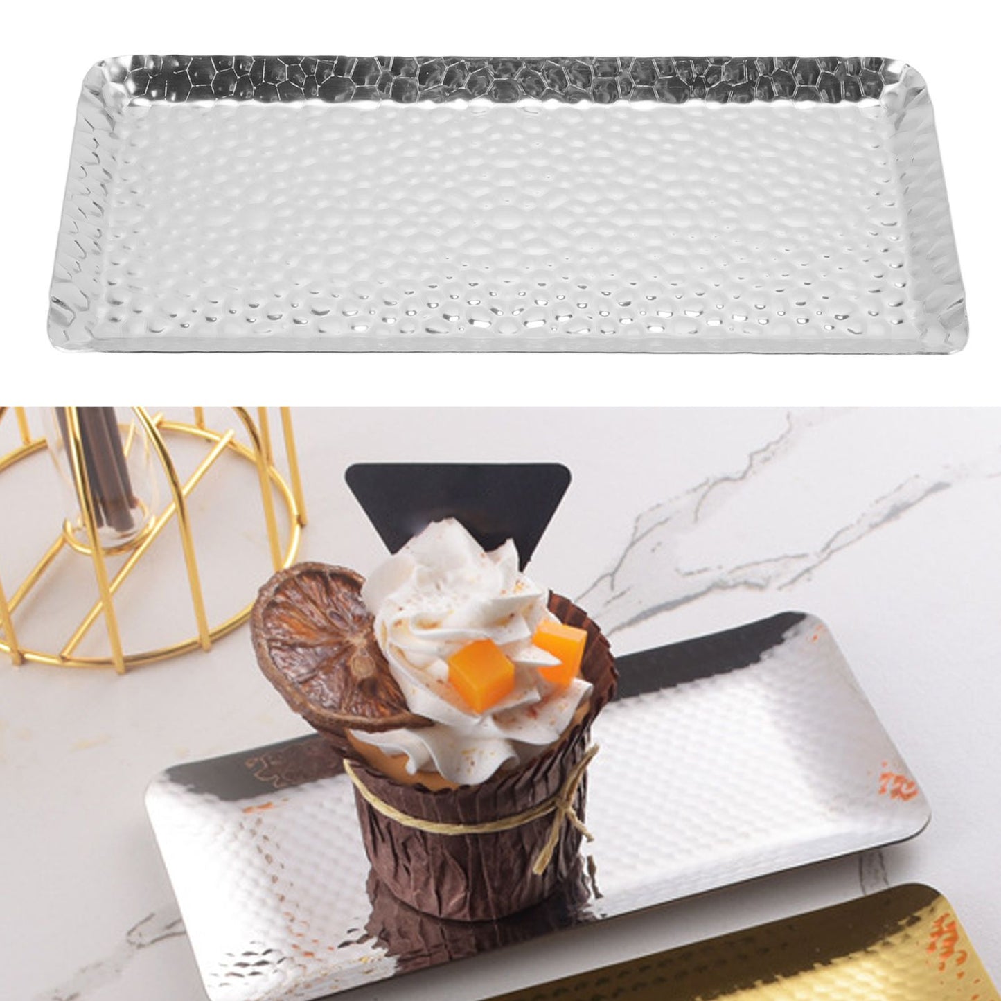 25x11cm Towel Hammered Trays Stainless Steel Multi Purpose Dishwasher Safe Dessert Tray Plate for Home Restaurant Silver