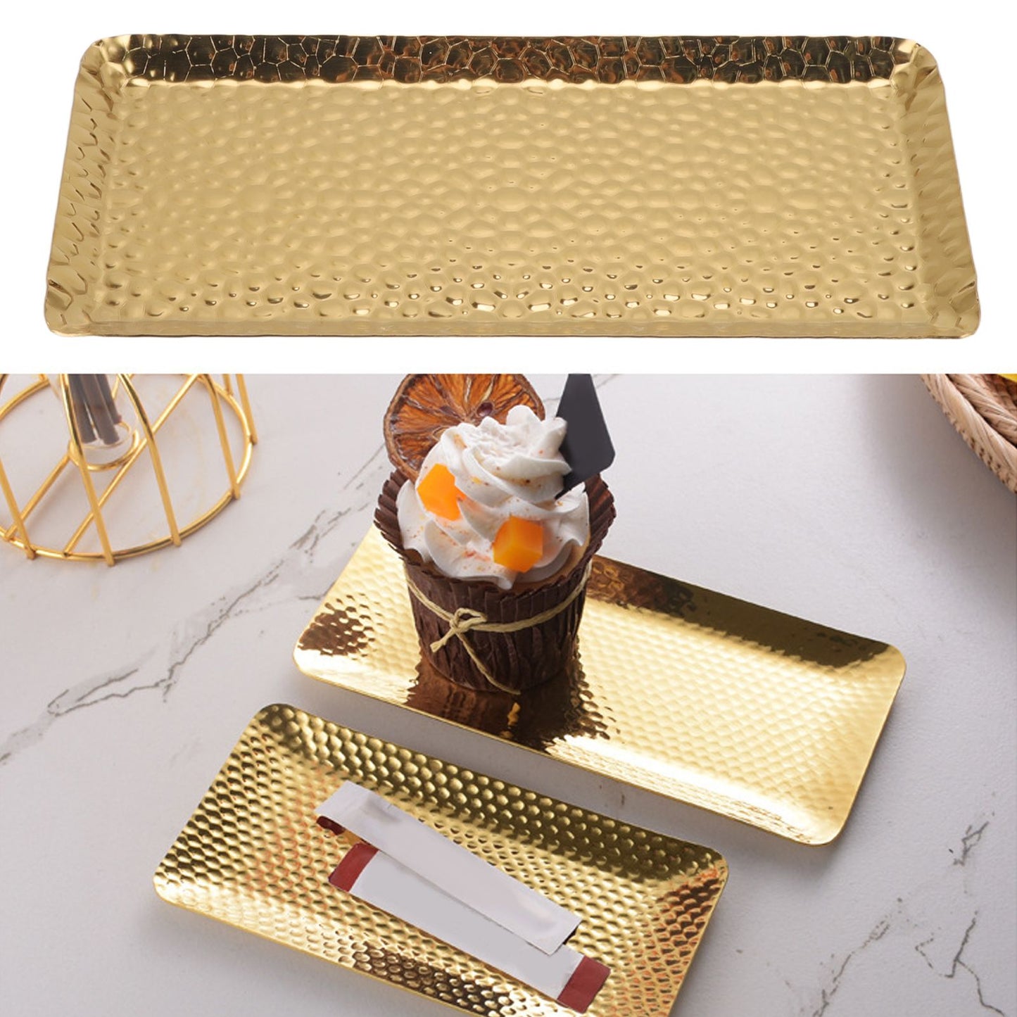 25x11cm Towel Hammered Trays Stainless Steel Multi Purpose Dishwasher Safe Dessert Tray Plate for Home Restaurant Gold