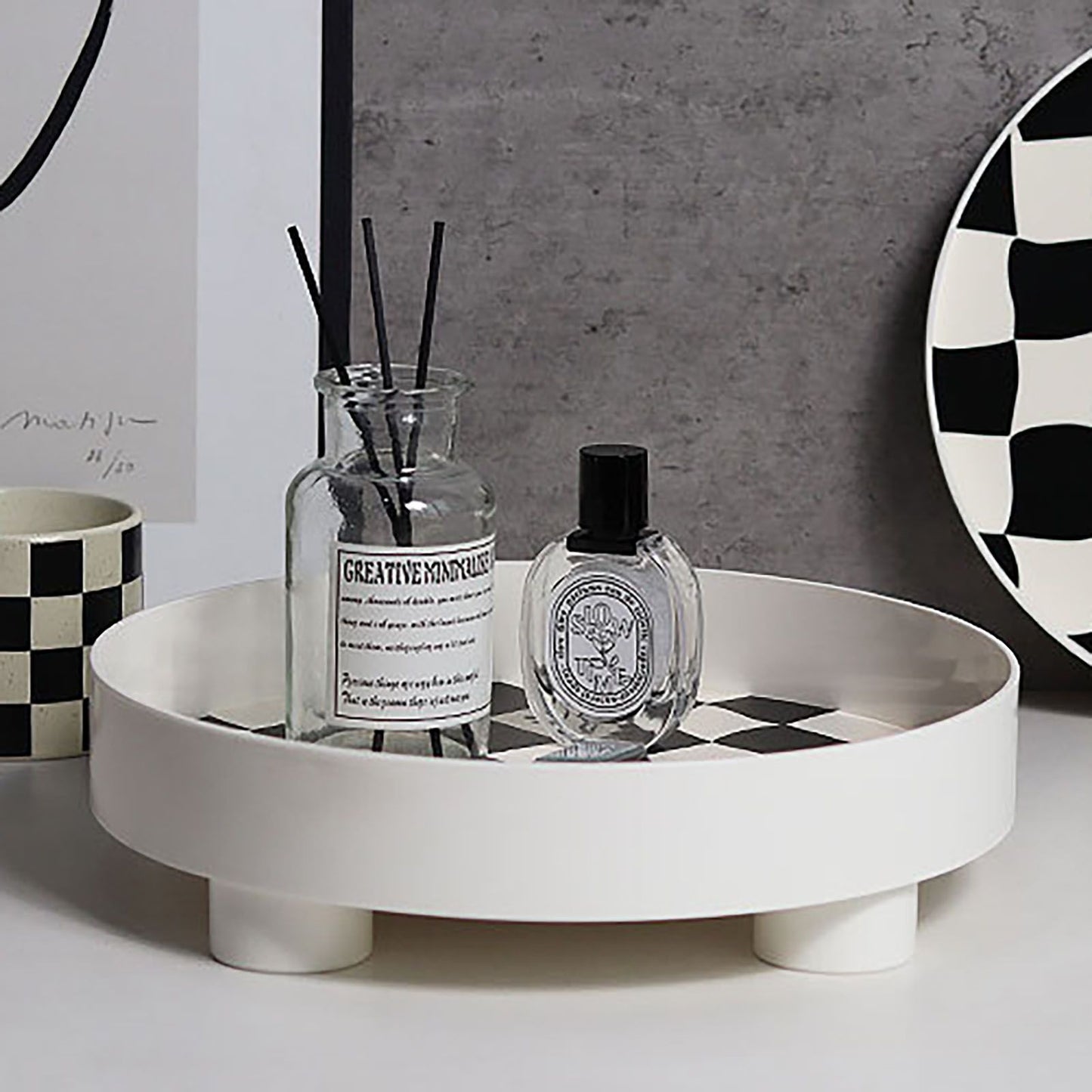 Round Storage Organizer Tray Checkerboard Design Plate Container Tray for Fruit Perfume Jewelry White, Large