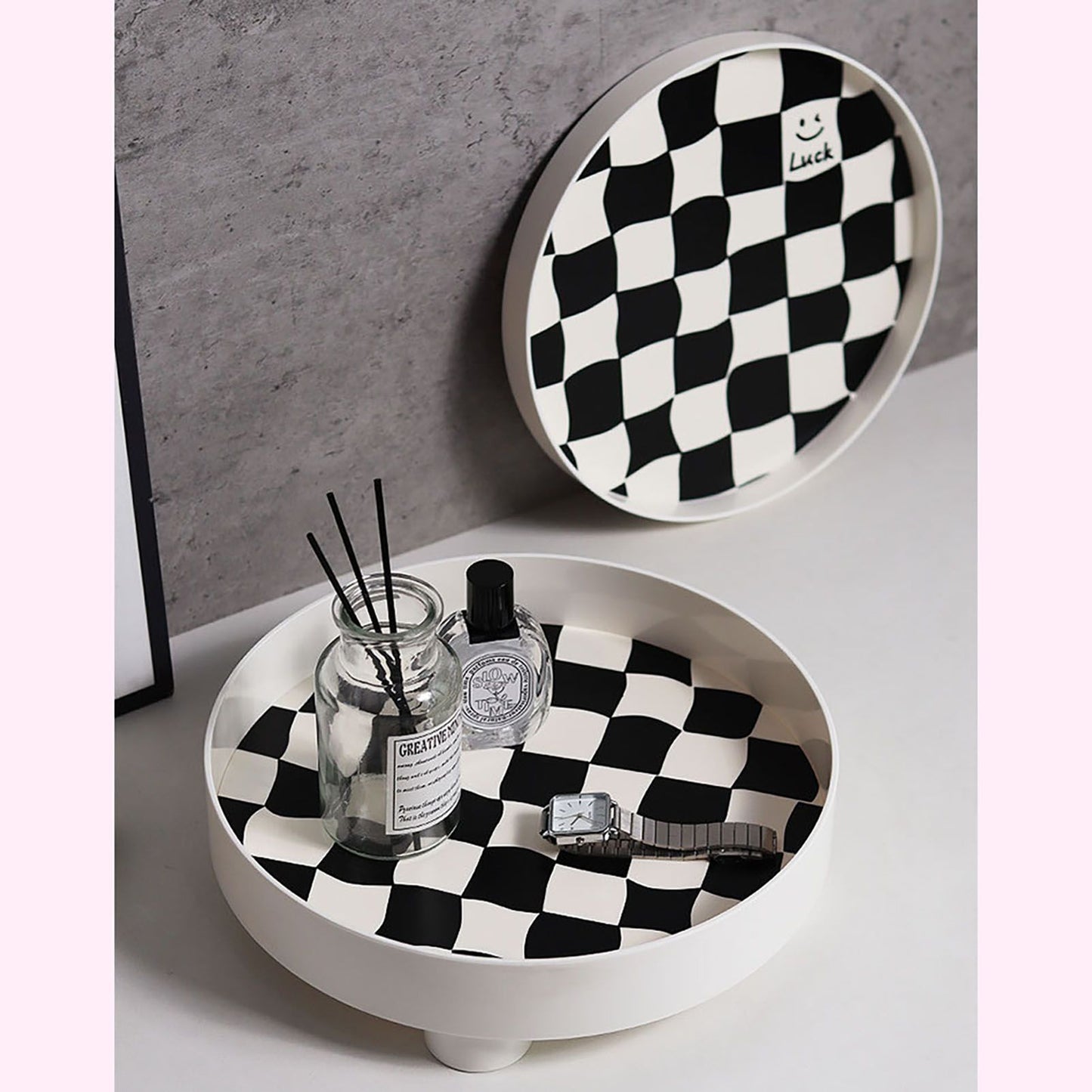 Round Storage Organizer Tray Checkerboard Design Plate Container Tray for Fruit Perfume Jewelry White, Large