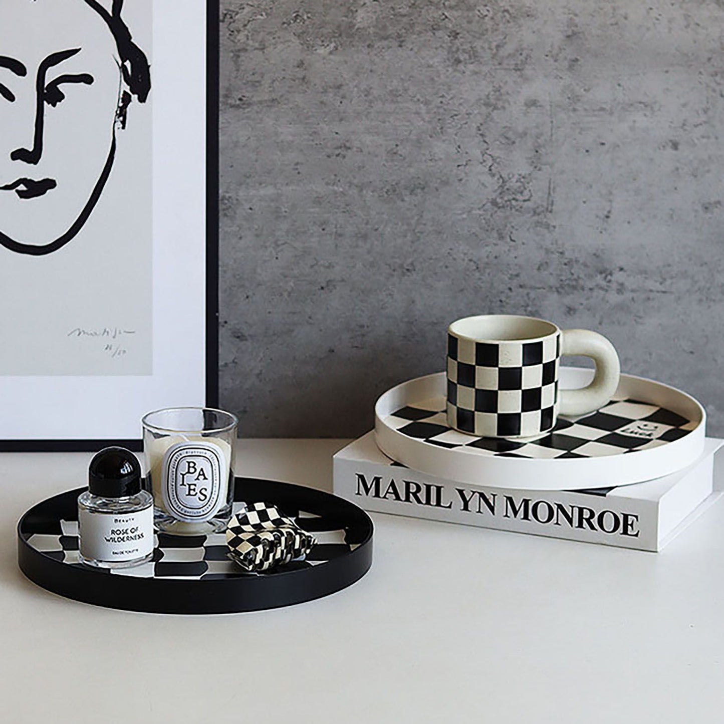 Round Storage Organizer Tray Checkerboard Design Plate Container Tray for Fruit Perfume Jewelry White, Large