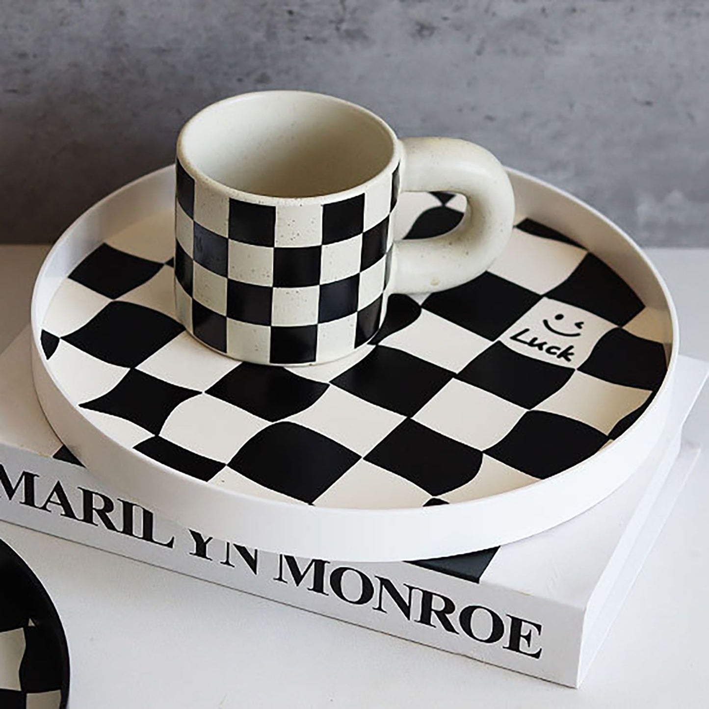 Round Storage Organizer Tray Checkerboard Design Plate Container Tray for Fruit Perfume Jewelry White, Small