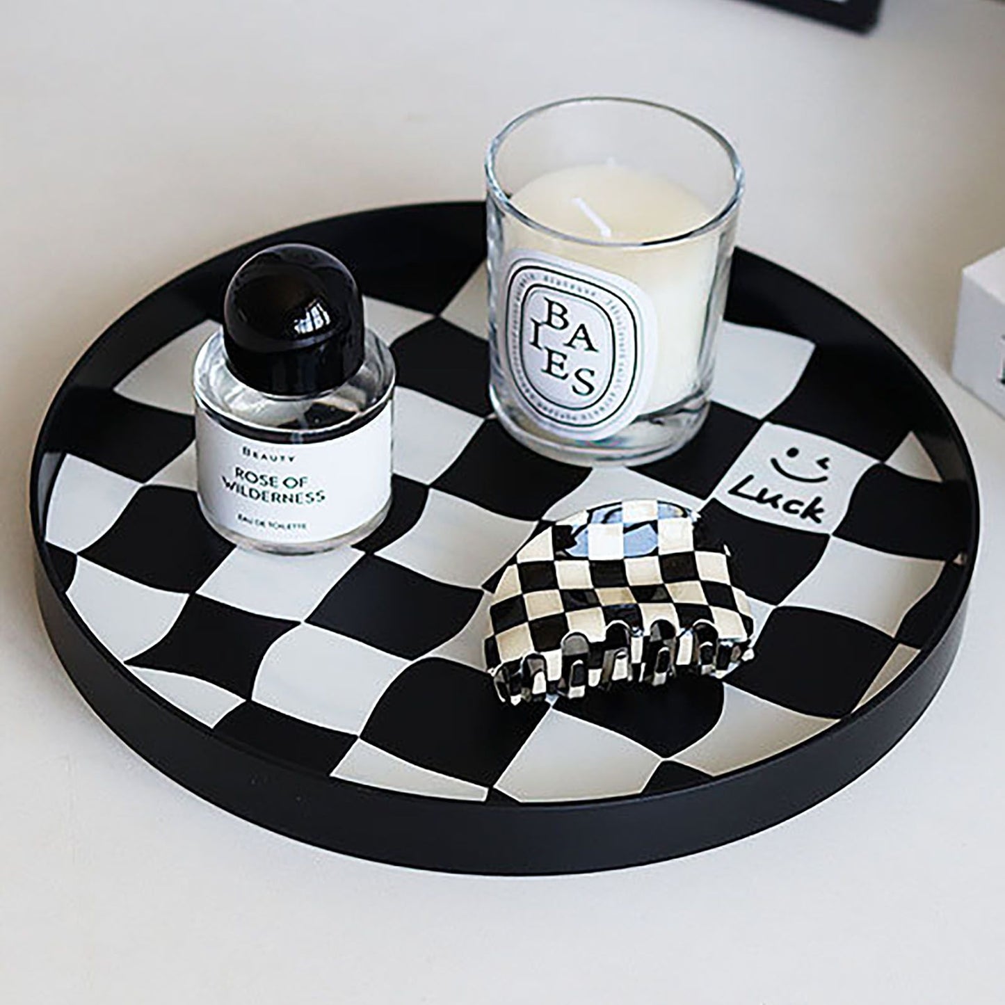Round Storage Organizer Tray Checkerboard Design Plate Container Tray for Fruit Perfume Jewelry Black, Large