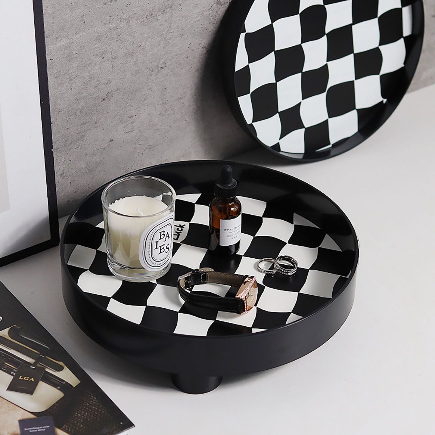 Round Storage Organizer Tray Checkerboard Design Plate Container Tray for Fruit Perfume Jewelry Black, Large