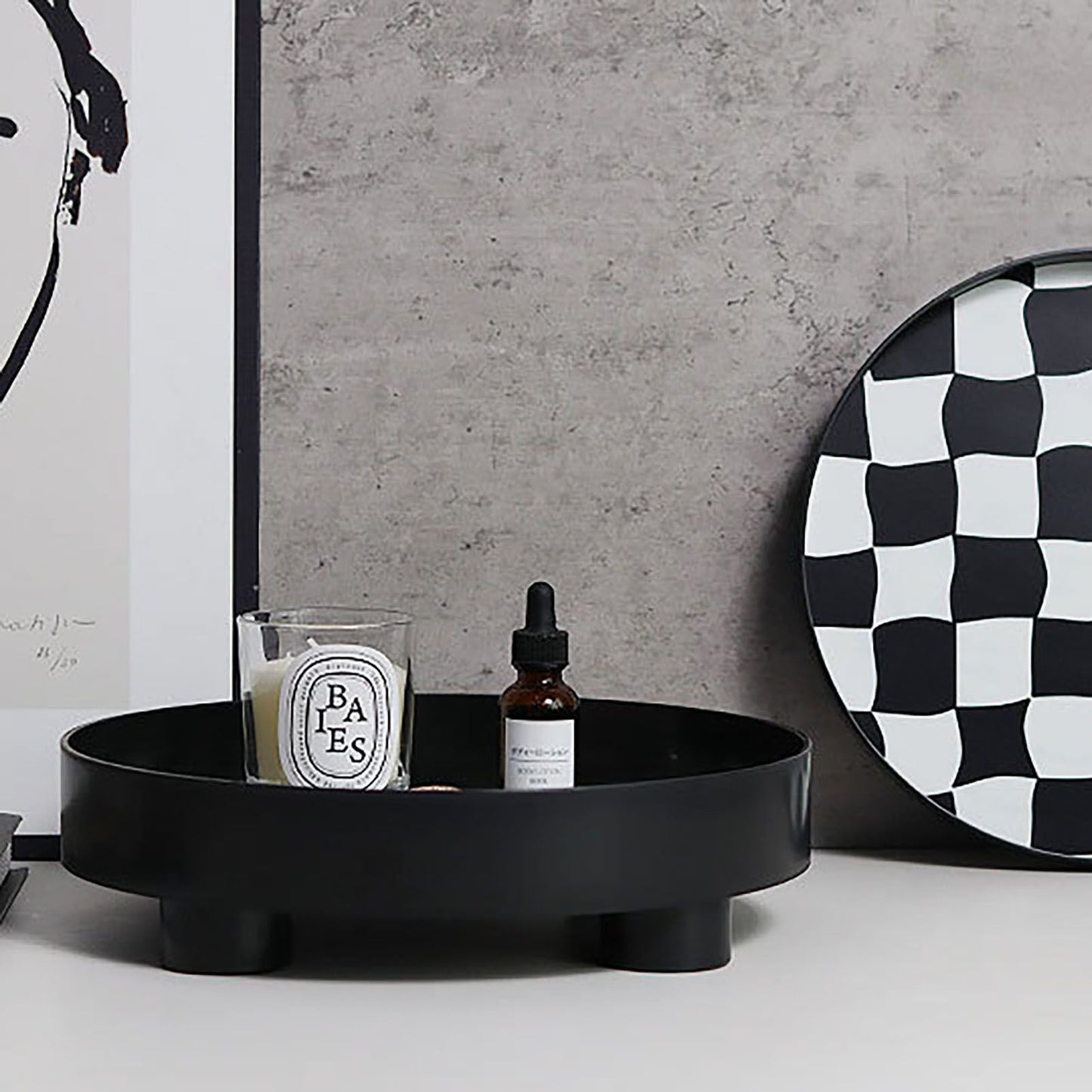 Round Storage Organizer Tray Checkerboard Design Plate Container Tray for Fruit Perfume Jewelry Black, Small