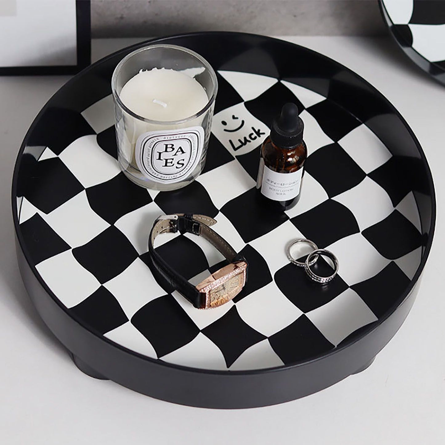 Round Storage Organizer Tray Checkerboard Design Plate Container Tray for Fruit Perfume Jewelry Black, Small