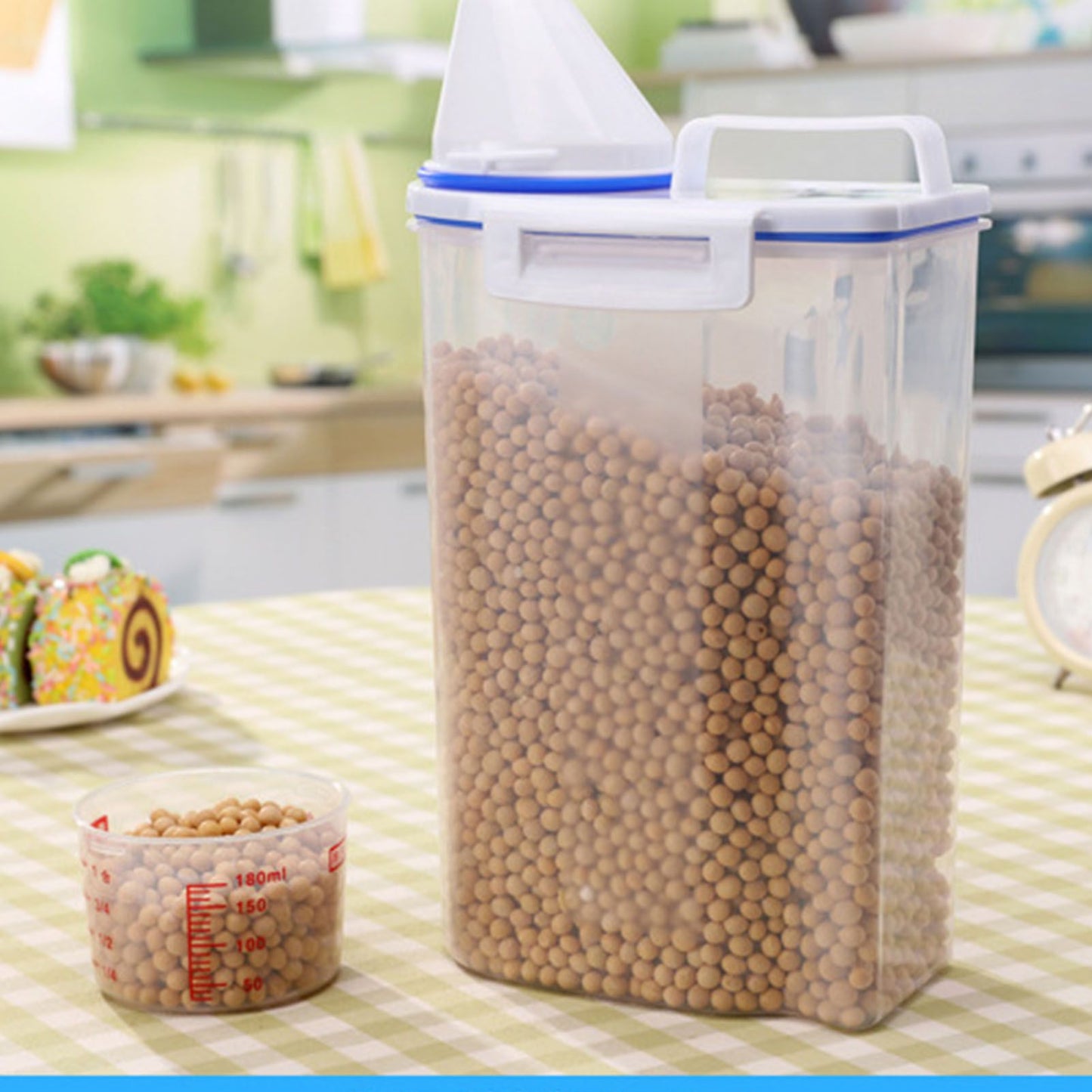 Rice Storage Barrel 2KG Capacity BPA Free Airtight Cereal Container with Measuring Cup Lid for Grain Flour Nuts