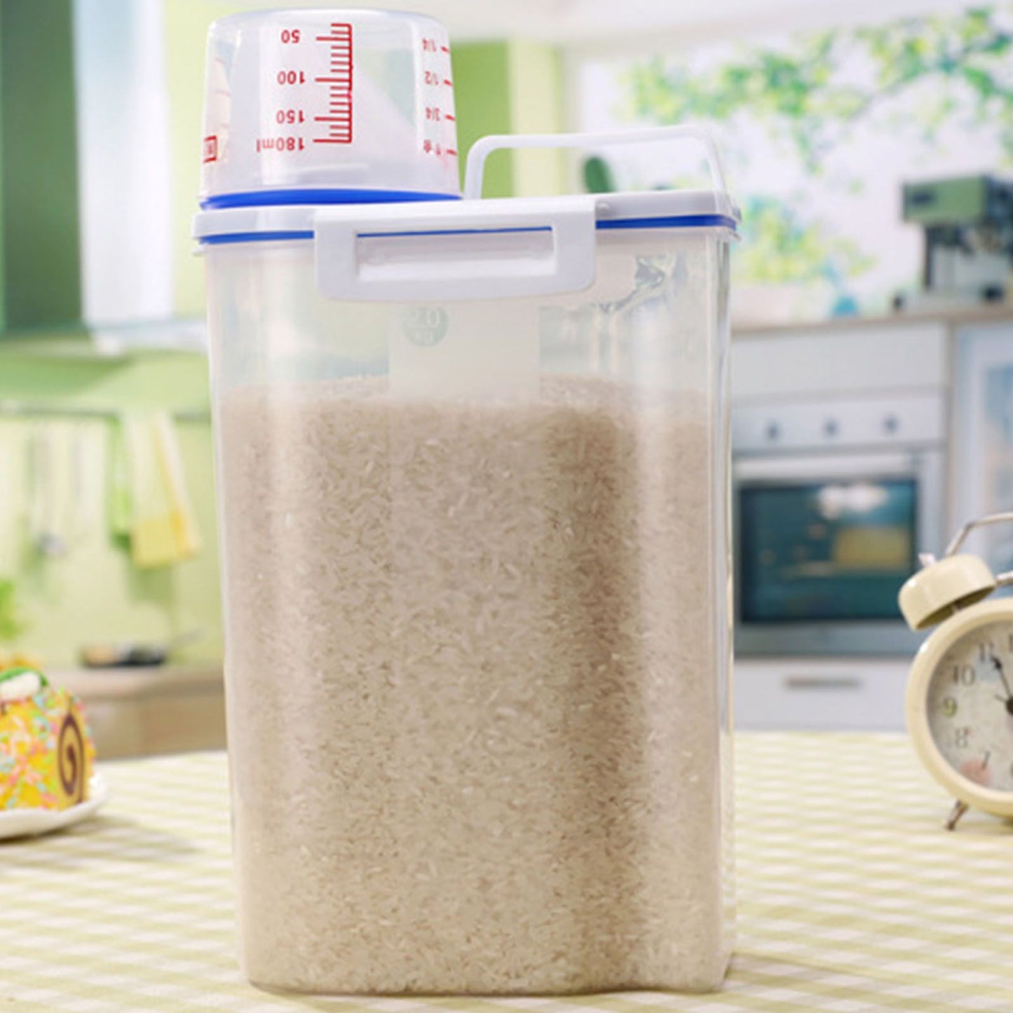 Rice Storage Barrel 2KG Capacity BPA Free Airtight Cereal Container with Measuring Cup Lid for Grain Flour Nuts