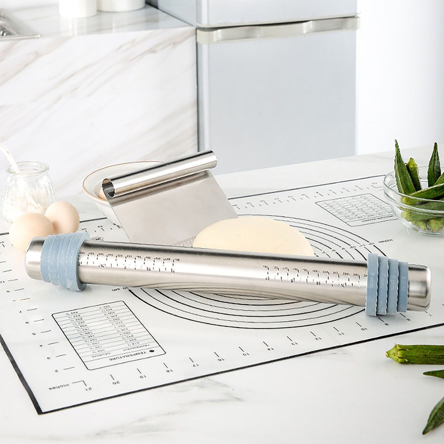 Adjustable Thicknes Flour Rolling Pin with Scale Mat Dough Scraper 430 Stainless Steel Cooking Tools Baking Utensils
