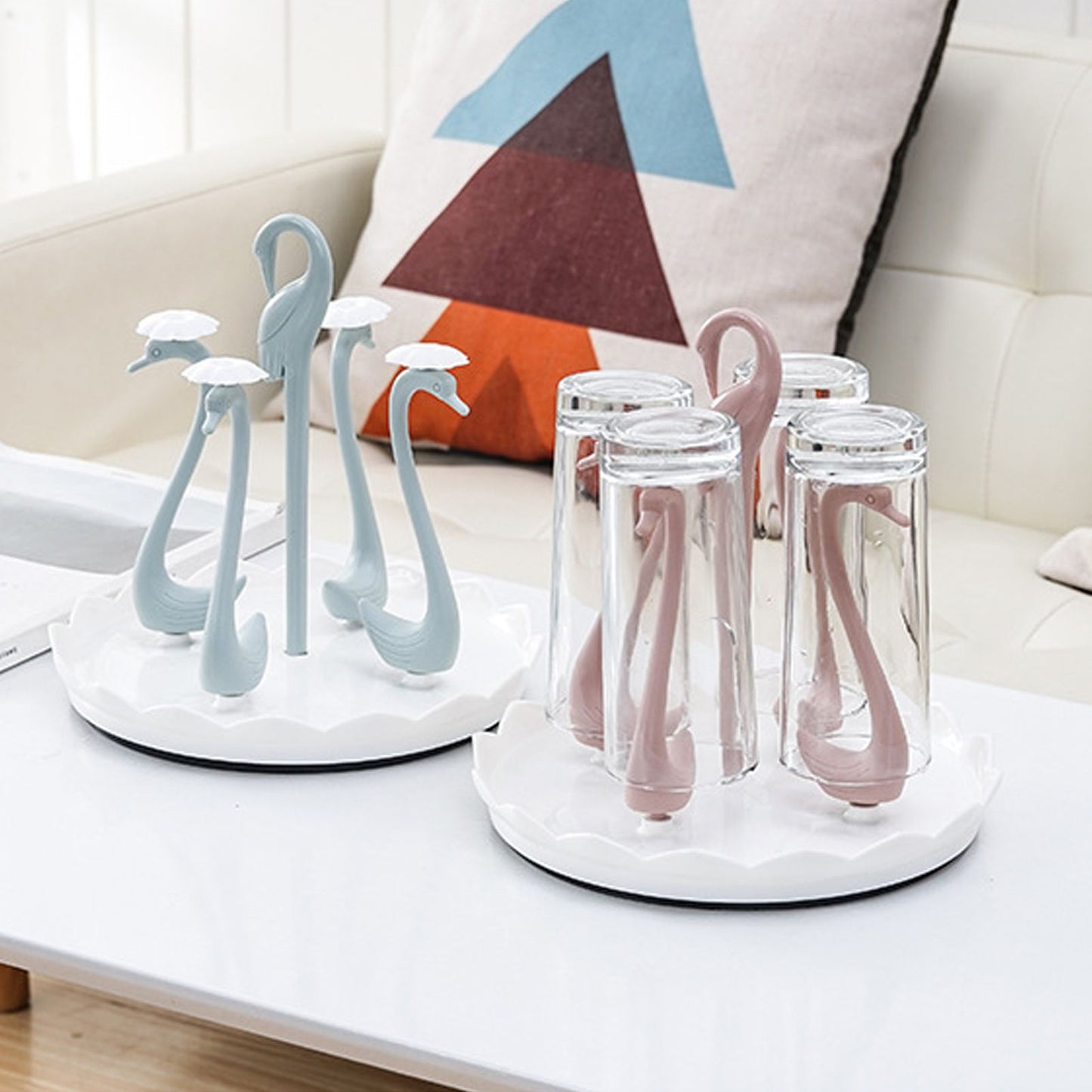 Swan Cup Holder with Rotating Drip Tray Plastic Rotatable Drinking Cup Drainer Stand Rack for Home Kitchen Blue 4 Heads