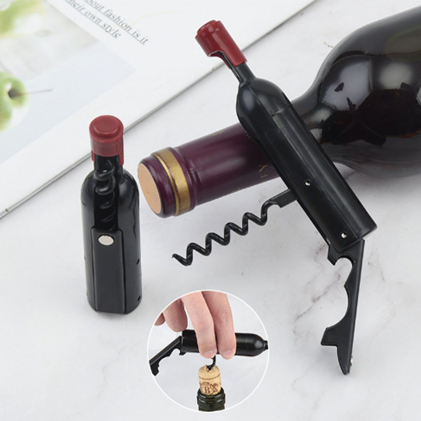 Wine Opener Black Multifunctional Magnet Design Portable Stainless Steel Wine Opener