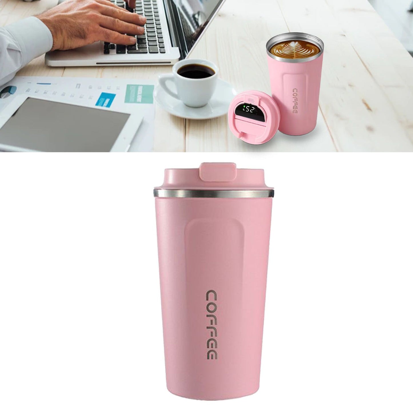 Smart Temperature Display Coffee Cup Portable 304 Stainless Steel Insulation Cup Simple Style Pure Color Generation 2nd Pink 510ml