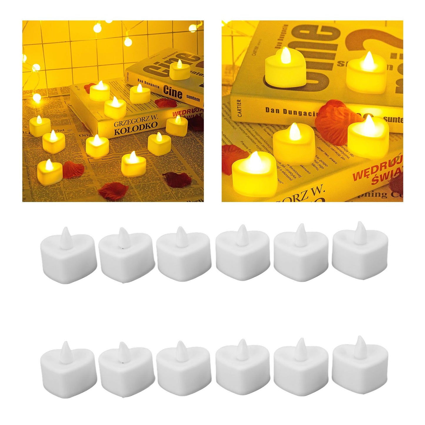 12Pcs LED Tea Lights Heart Shaped Flameless Battery Operated Electronic Fake Candles Wedding Party Decoration White